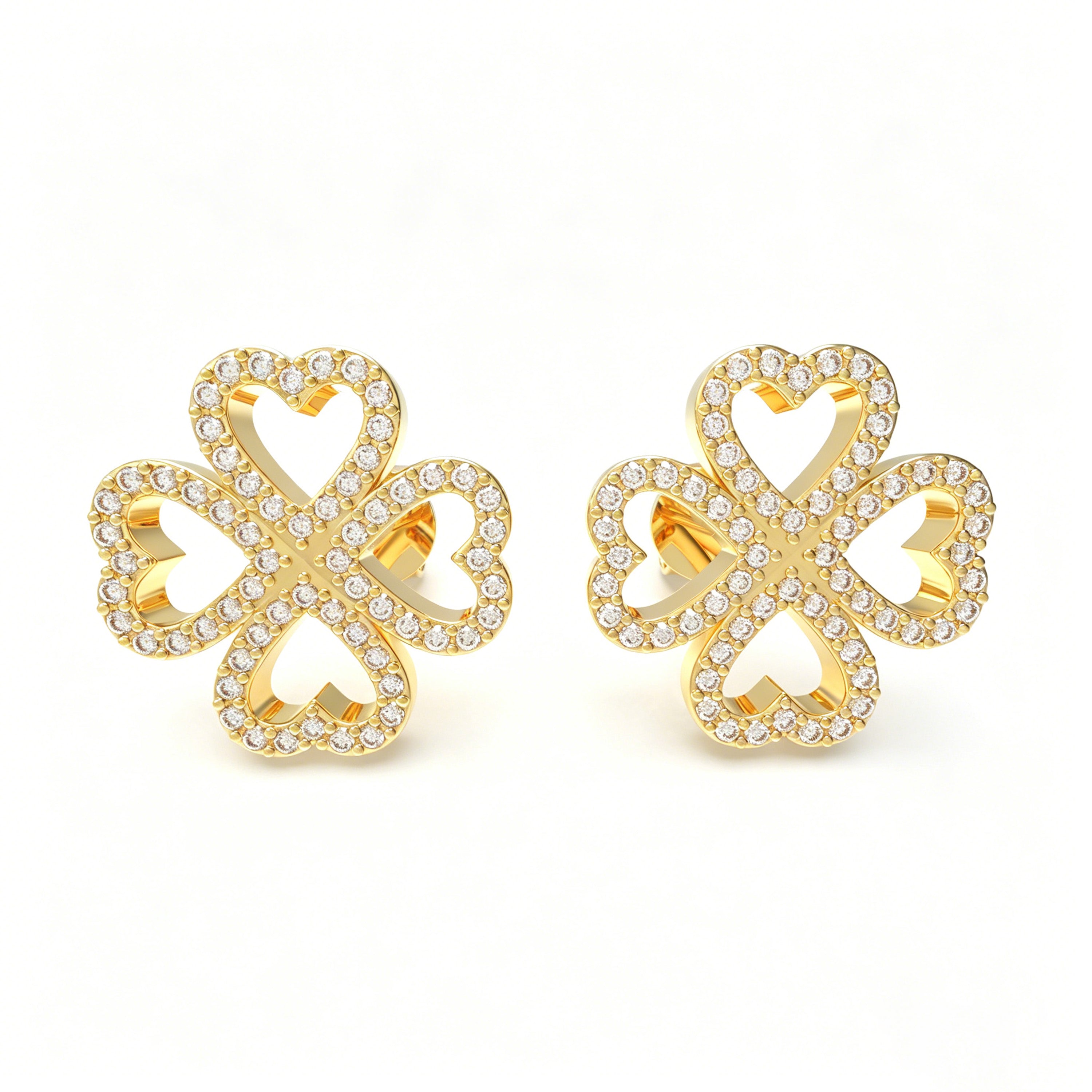 0.45ct Lab Grown Diamond Four-Leaf Clover Stud Earrings, 10K/14K Yellow Gold Lucky Heart Jewelry Gift