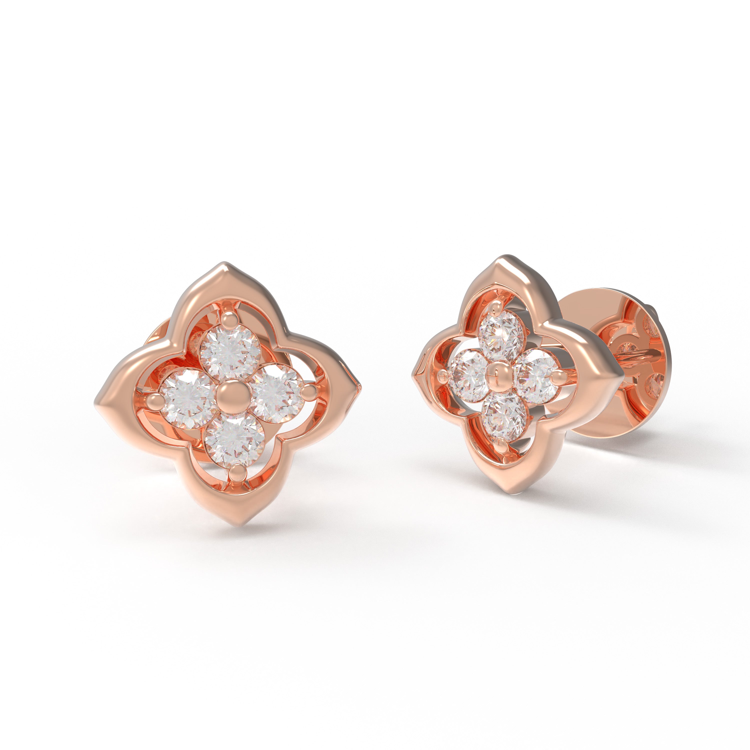 Serene Bloom Rose Gold Clover Diamond Stud Earrings