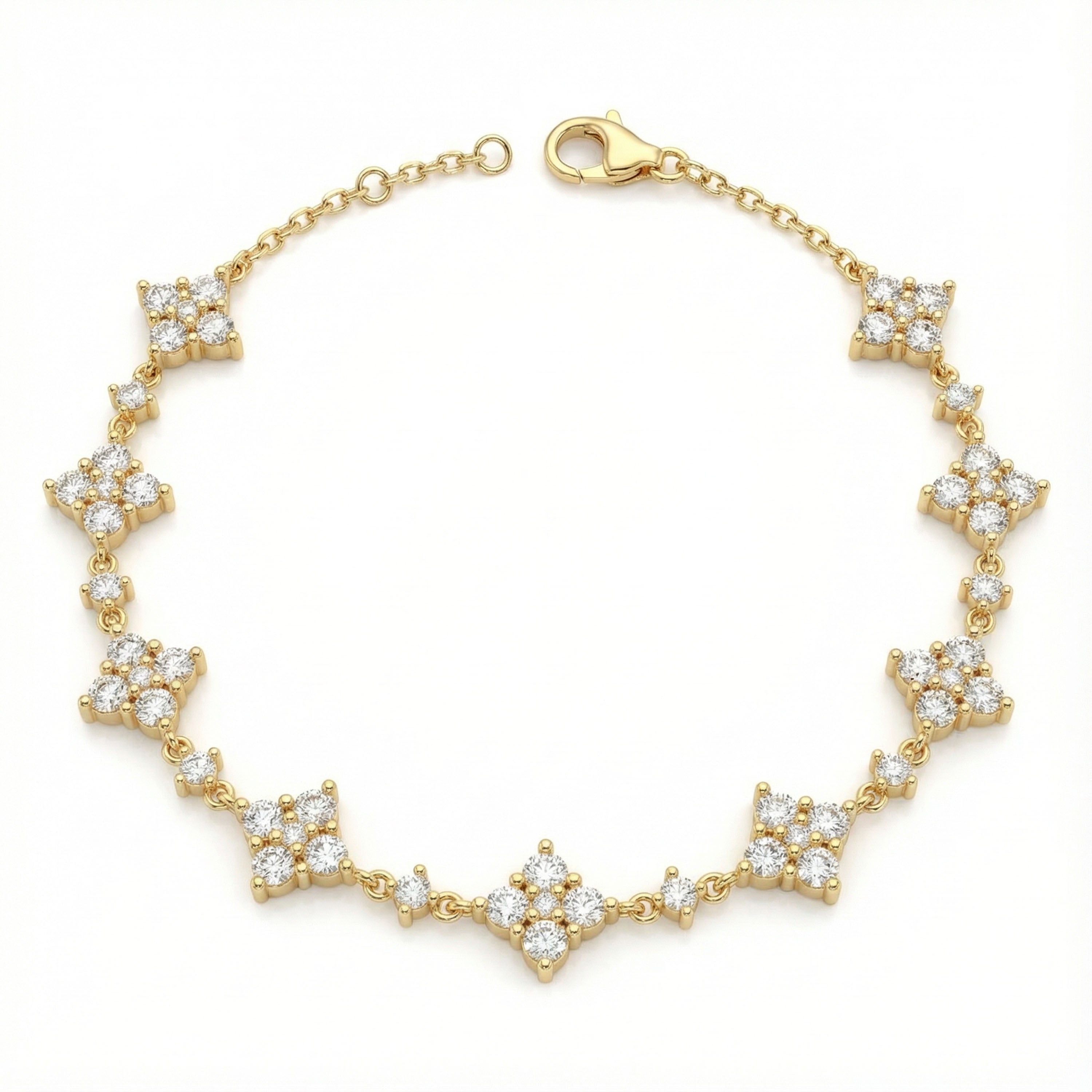 Ophelia Eternity Women's Yellow Gold Four Leaf Clover Bracelet | 2ct/3ct Lab Diamond | Adjustable Lucky Jewelry for Anniversary, Mother's Day Gift