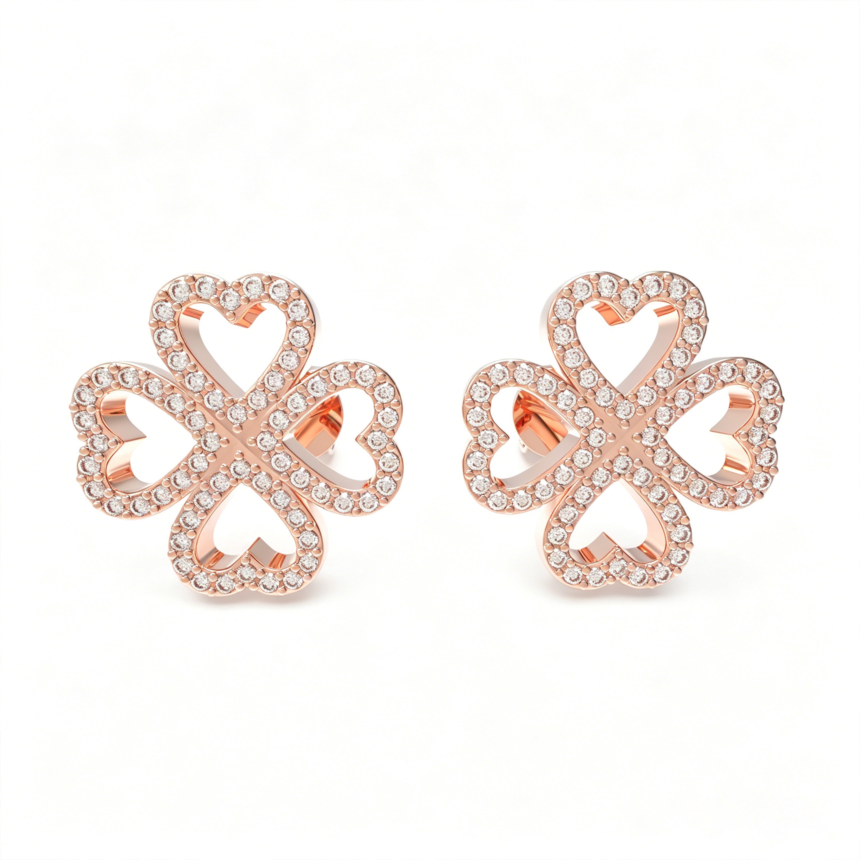 0.45ct Lab Grown Diamond Four-Leaf Clover Stud Earrings, 10K/14K Rose Gold Lucky Heart Jewelry Gift