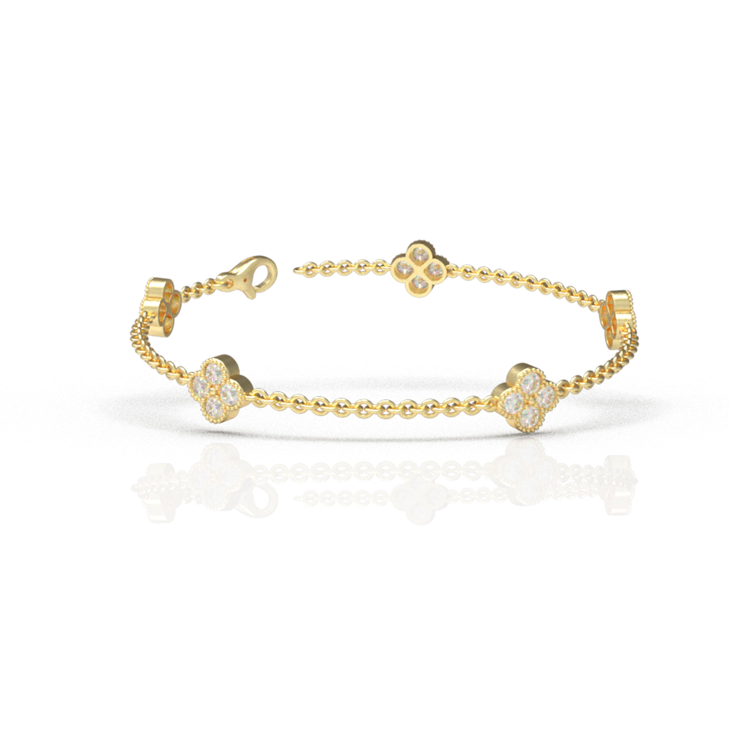 Sterling Silver 14K Gold Plated Four Leaf Clover Lucky Bracelet with 1ct/2ct/3ct Moissanite Stones, Gift for Her