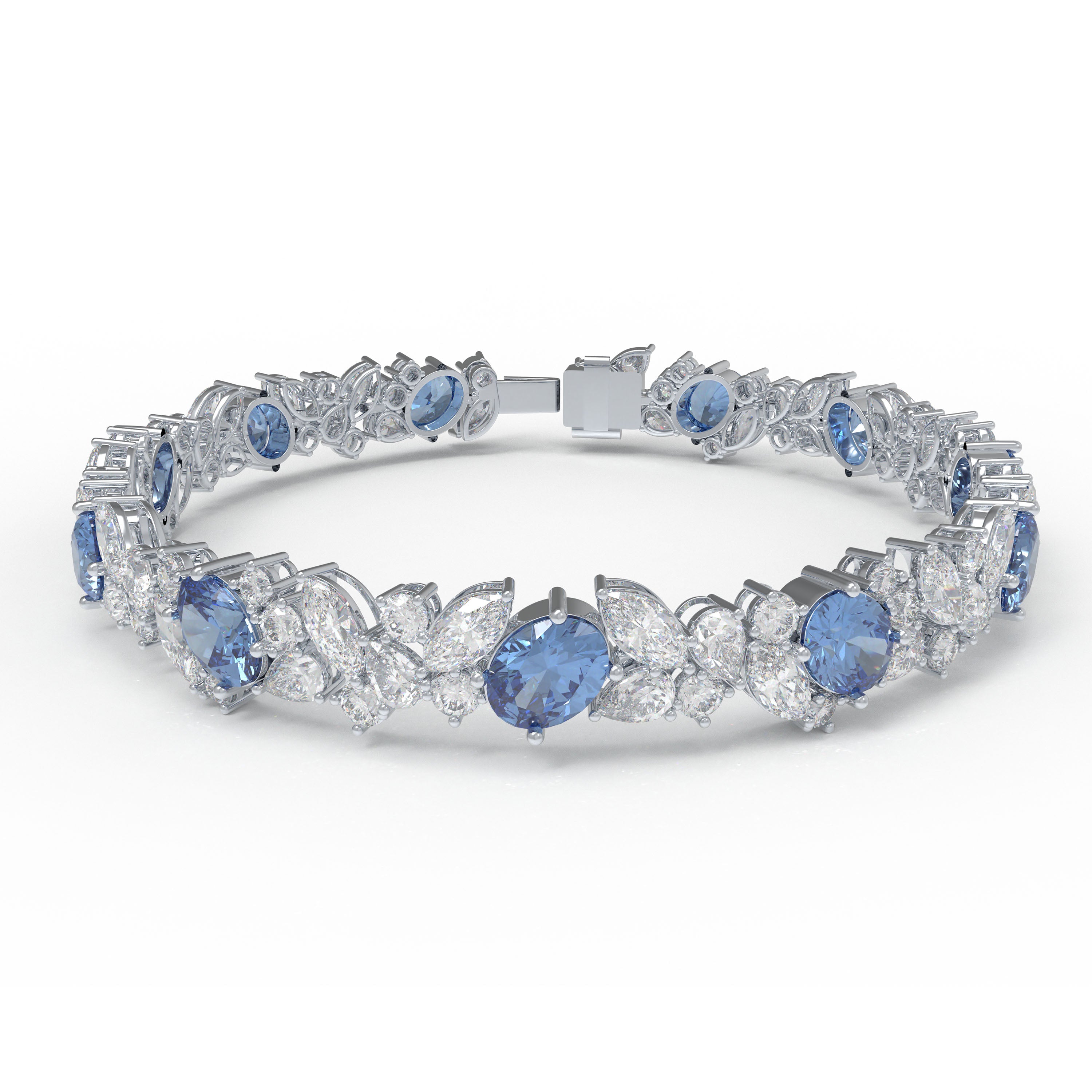 Handmade Gorgeous Lab - Grown Sapphire & Diamond Bracelet with Platinum, Total Weight 10CT/12CT/15CT