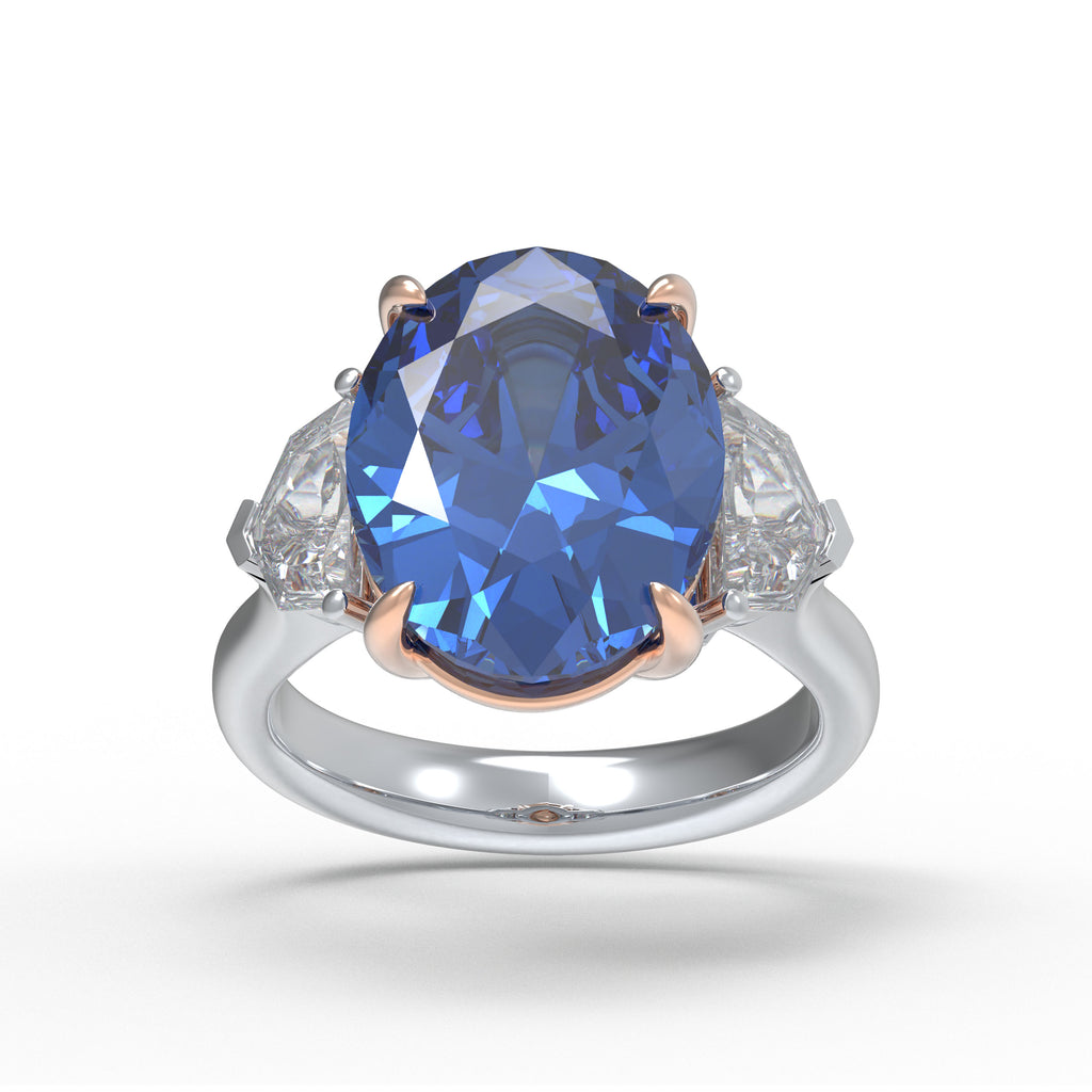 Oval Lab-Grown Blue Diamond Three-Stone Engagement Ring in White Gold