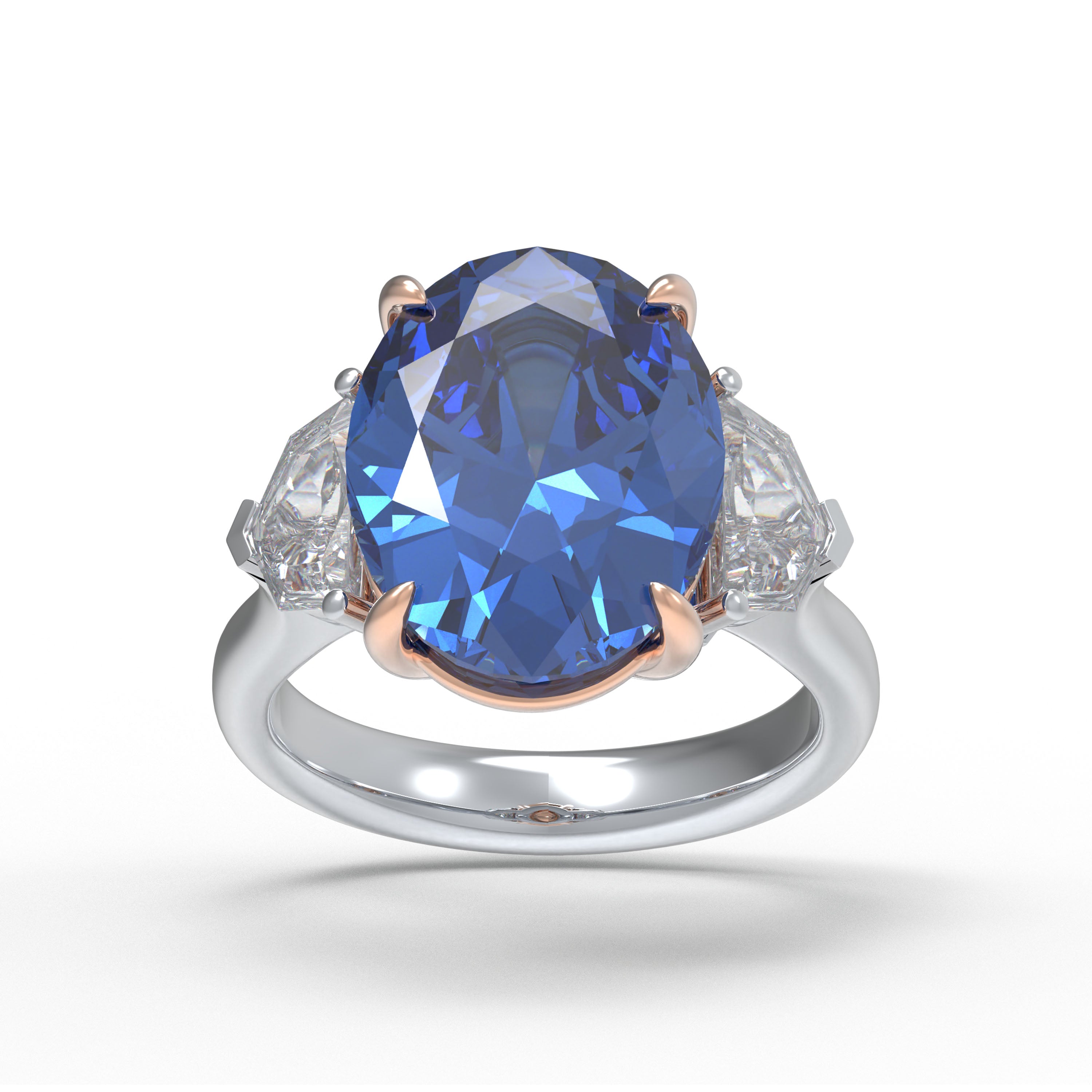 Oval Lab-Grown Blue Diamond Three-Stone Engagement Ring in White Gold