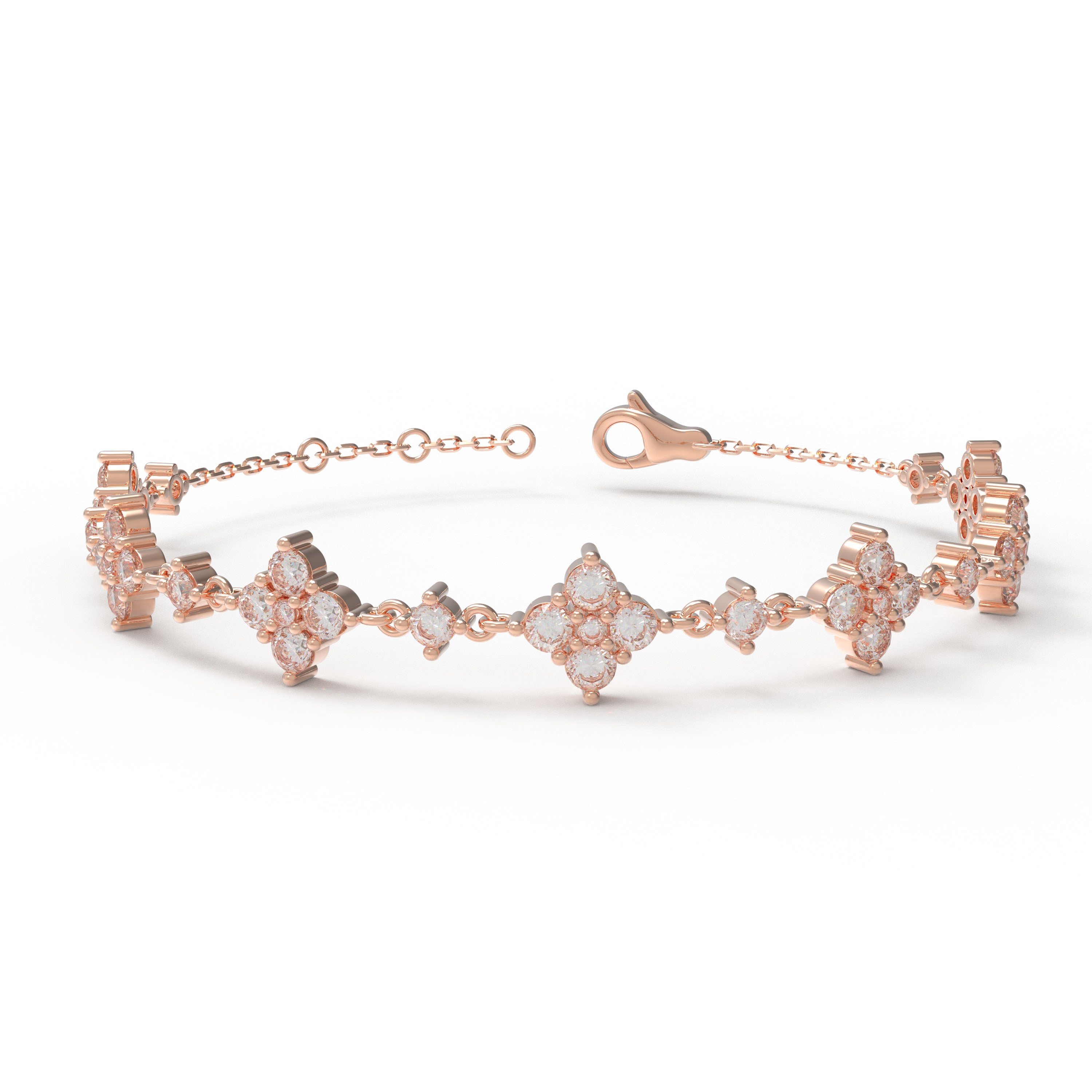 Ophelia Eternity Women's Rose Gold Four Leaf Clover Bracelet | 2ct/3ct Lab Diamond | Adjustable Lucky Jewelry for Anniversary, Mother's Day Gift