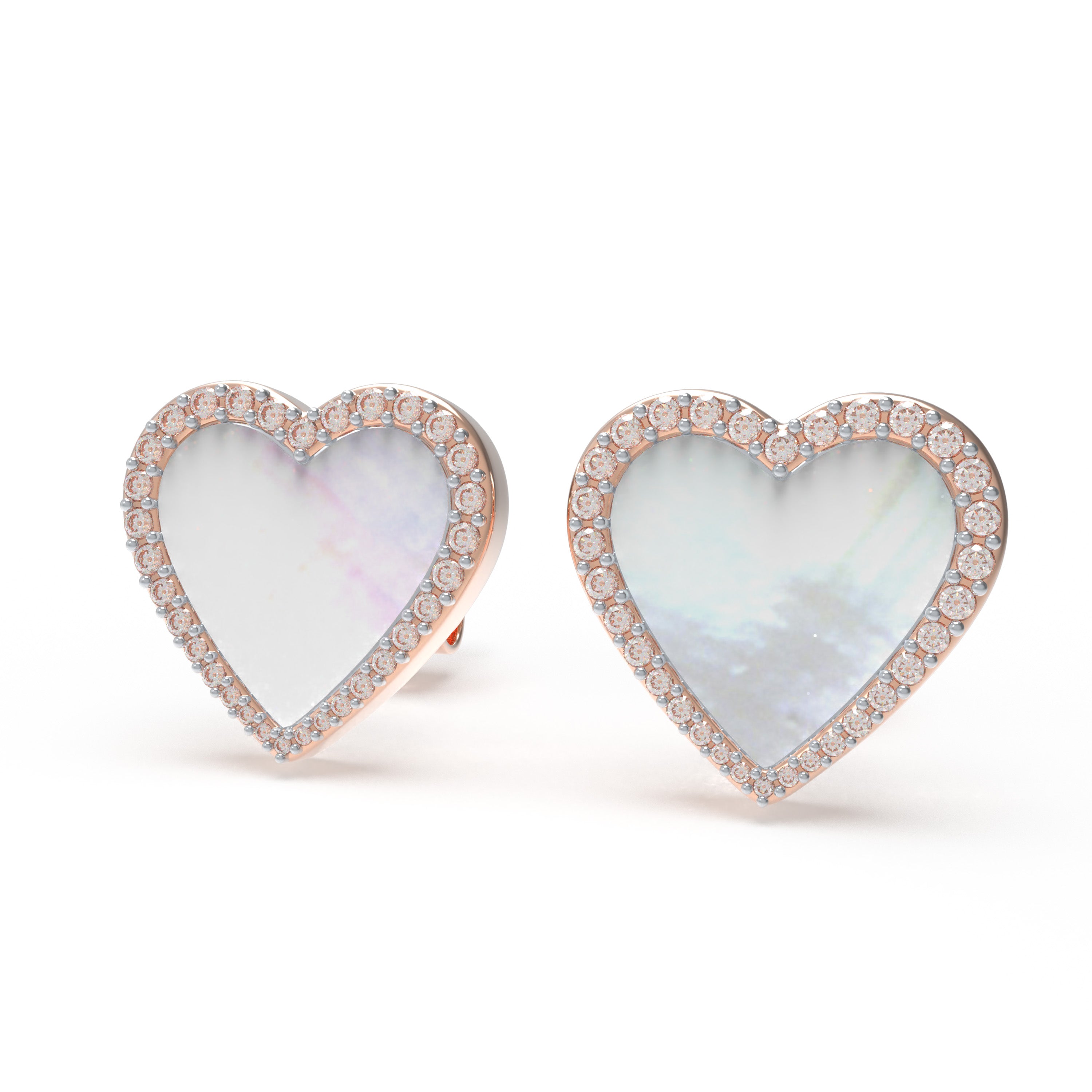 Heart Stud Earrings, 10K/14K Rose Gold, 0.4ct Lab Grown Diamond Halo & Mother of Pearl, Daily Wear Earrings for Women