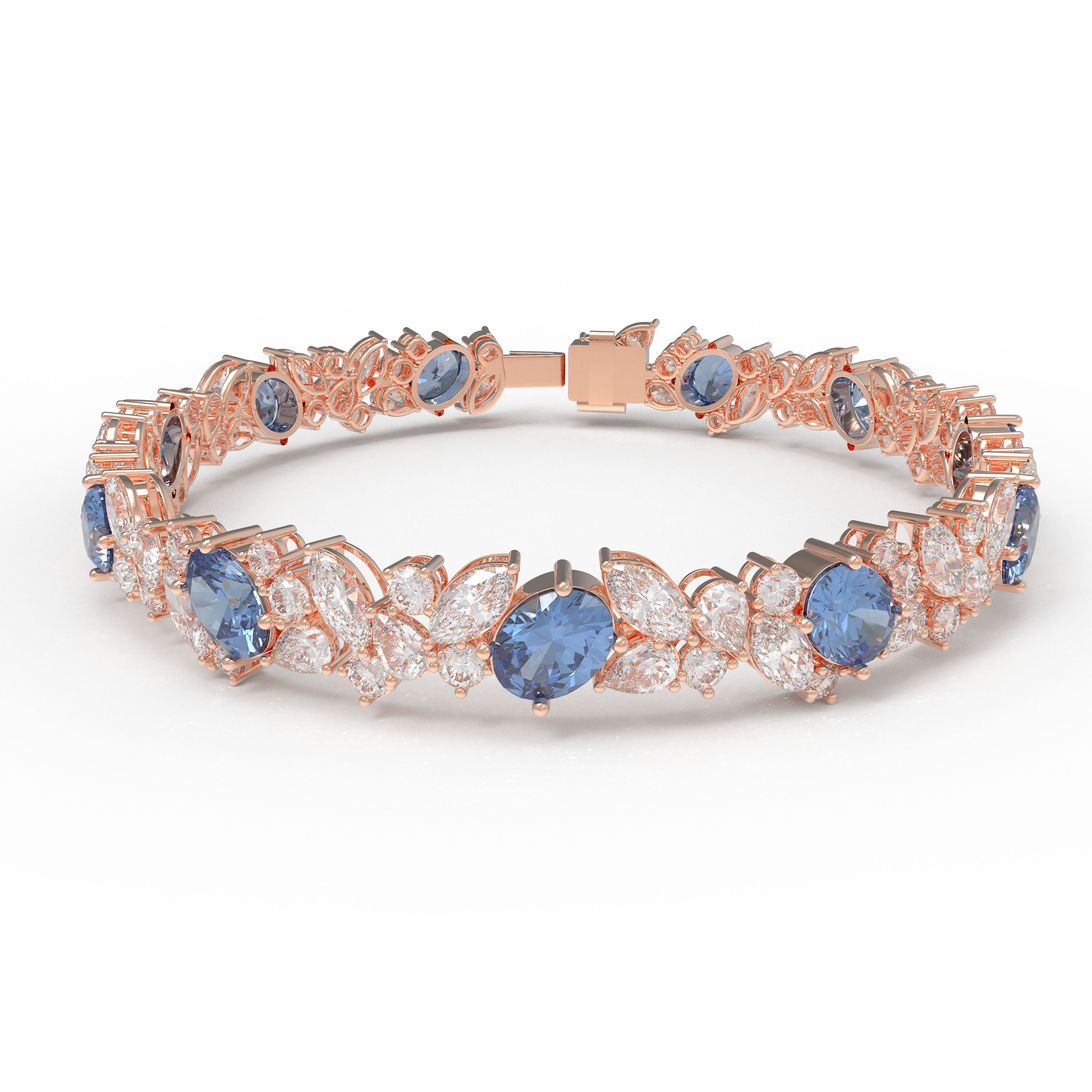 Handmade Gorgeous Lab - Grown Sapphire & Diamond Bracelet with Rose Gold, Total Weight 10CT/12CT/15CT