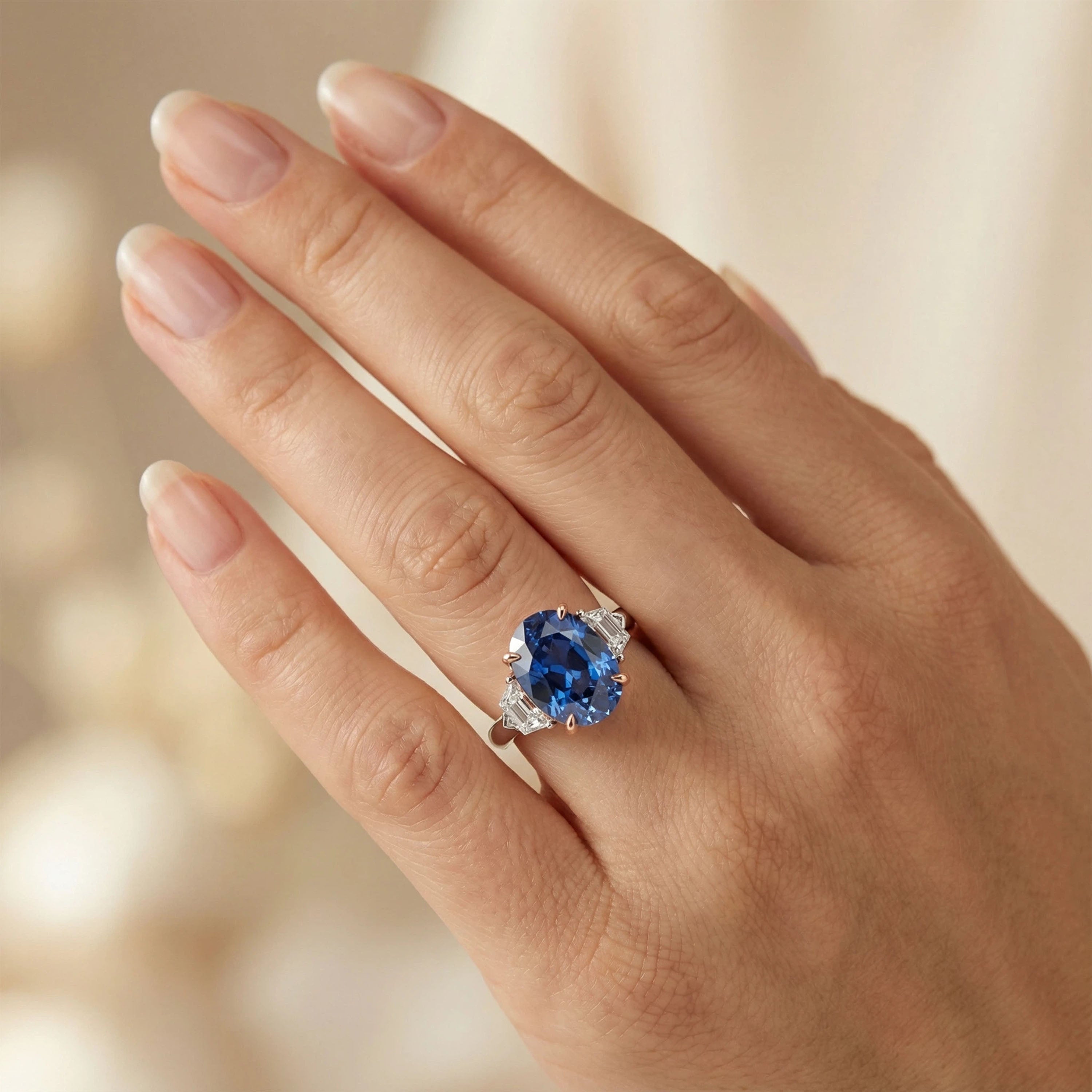 Oval Lab-Grown Blue Diamond Three-Stone Engagement Ring in White Gold