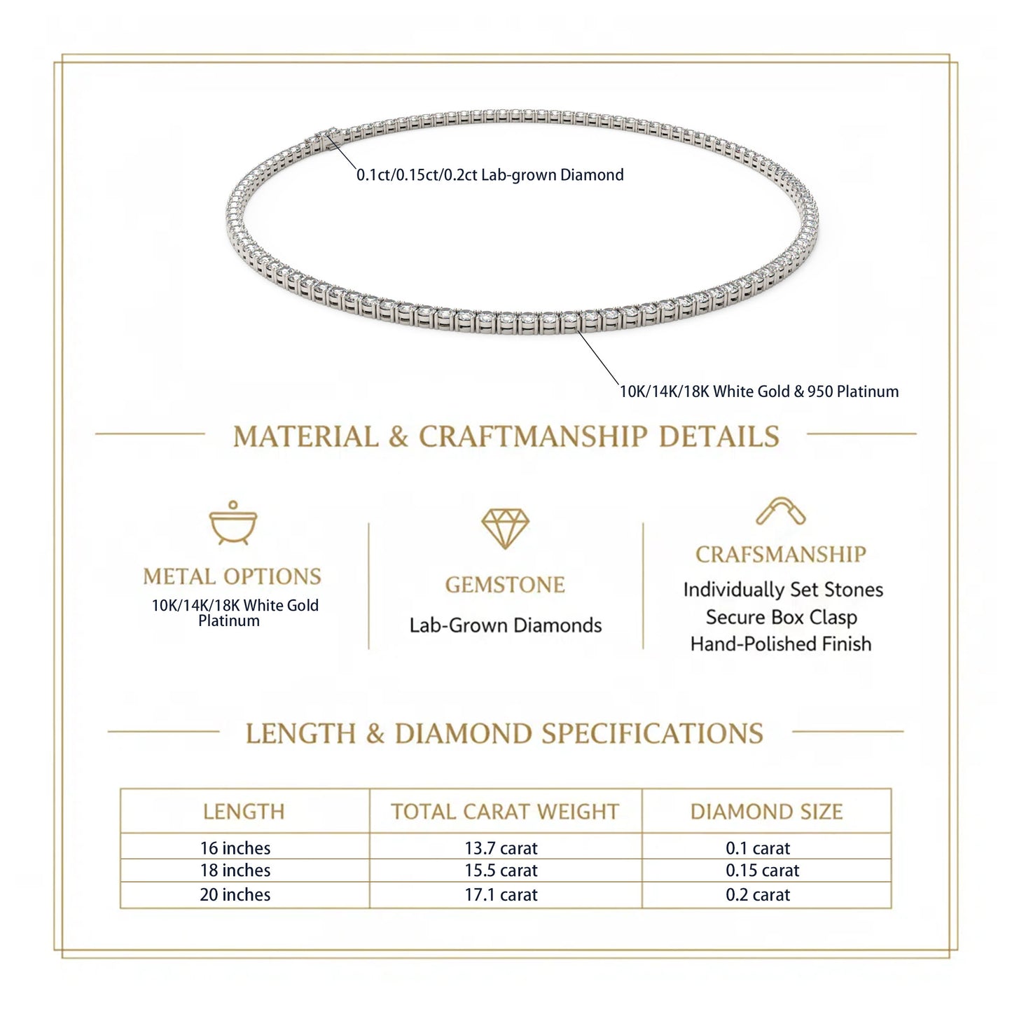 Classic Lab-Grown Diamond Tennis Necklace - Customize in 9K Gold | 13.7-24ct Diamonds