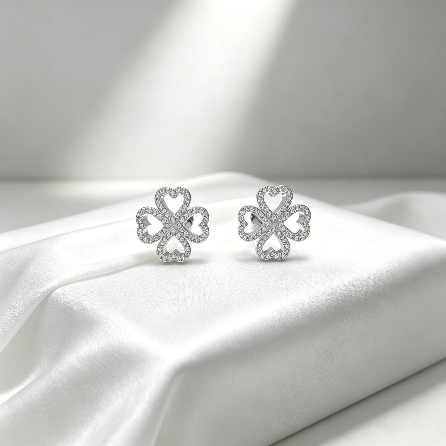 10K/14K White Gold or Platinum 950 Clover Stud Earrings, 0.45ct Lab Grown Diamond Heart Earrings, Lucky Four-Leaf Clover Jewelry