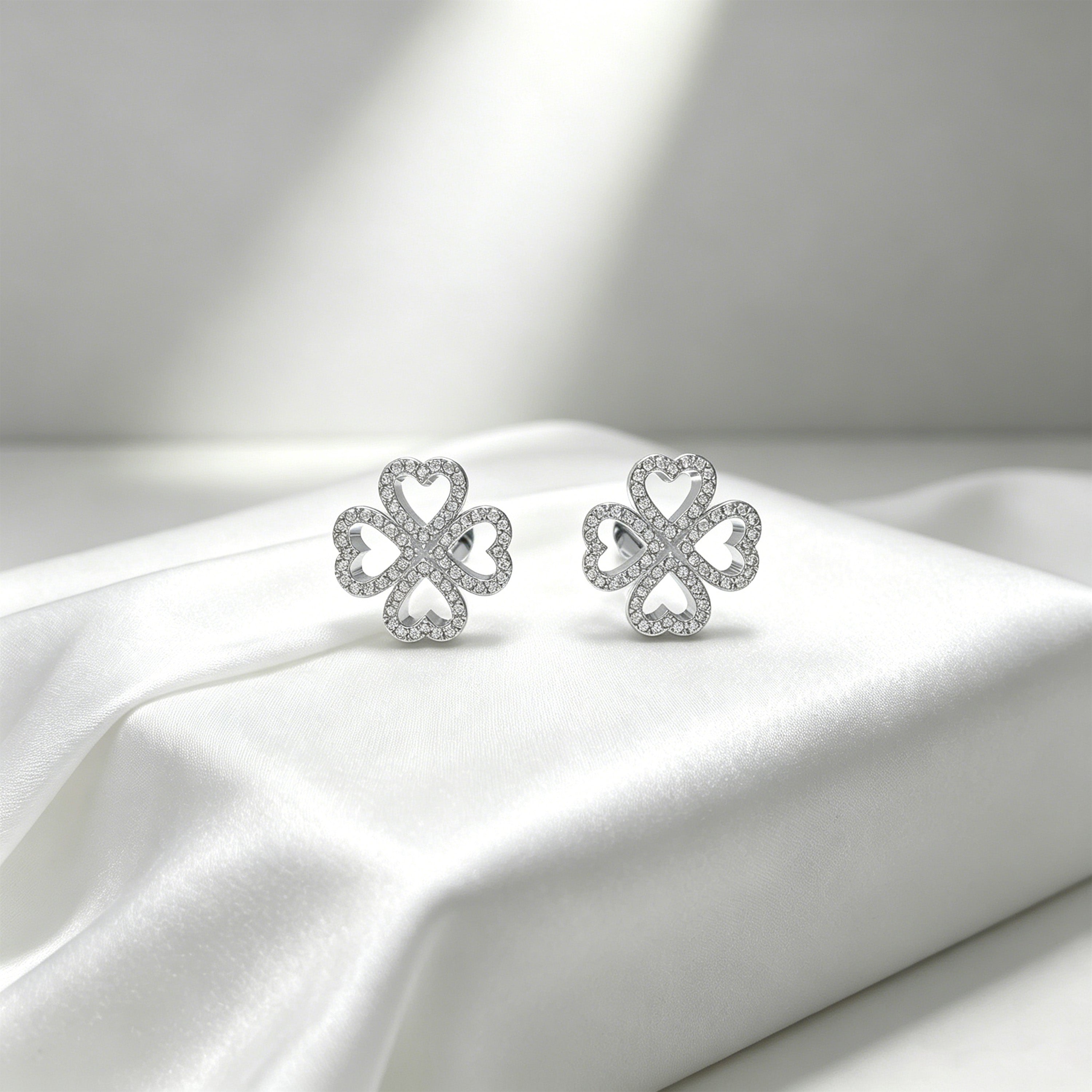 10K/14K White Gold or Platinum 950 Clover Stud Earrings, 0.45ct Lab Grown Diamond Heart Earrings, Lucky Four-Leaf Clover Jewelry