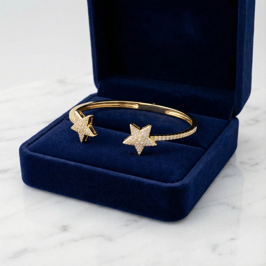 Golden Twin Stars 128-Diamond Open Cuff Bracelet in 10K/14K Gold