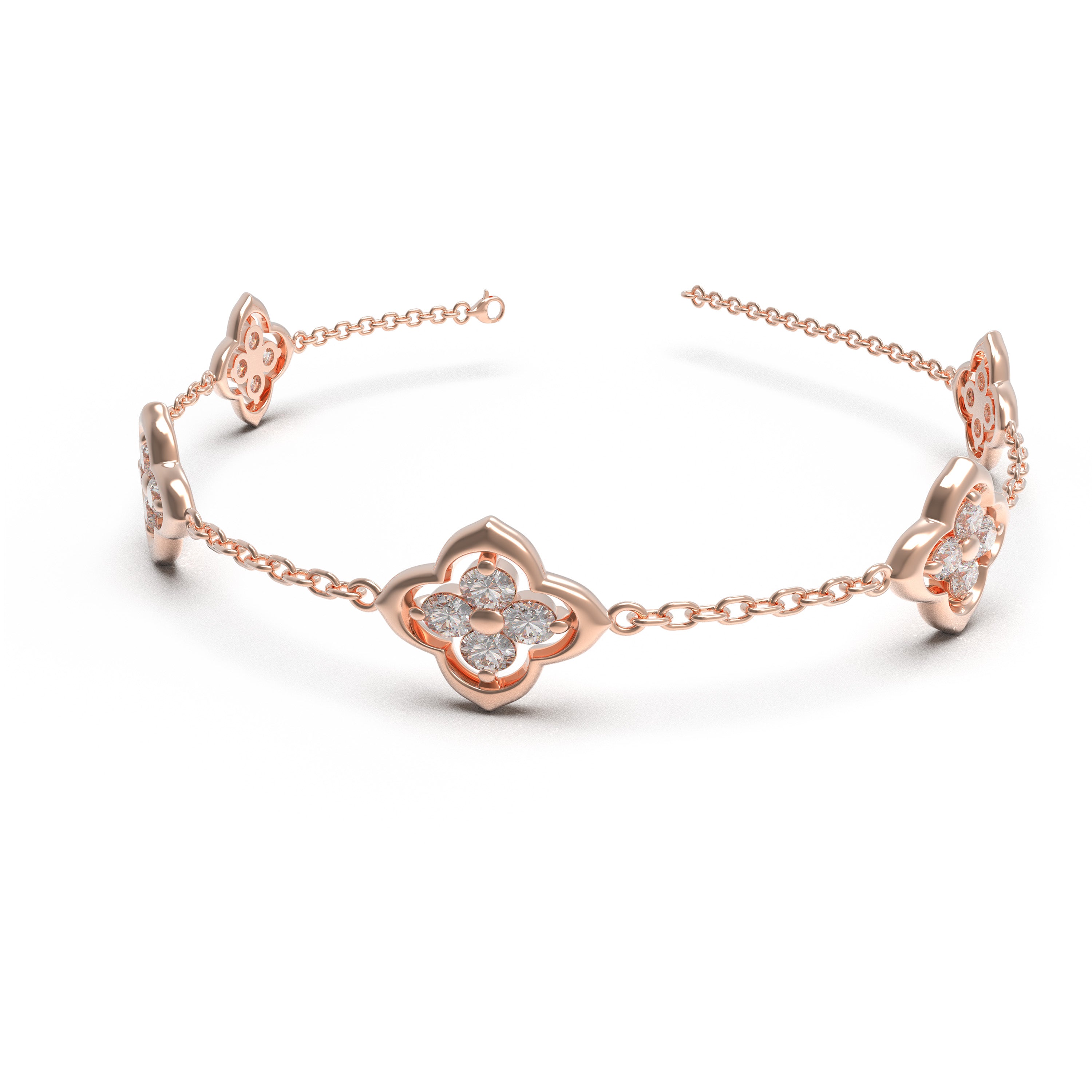 10K 14K Gold Lab Grown Diamond Four Leaf Clover Bracelet, White Gold Yellow Gold Rose Gold Lucky Jewelry Gift for Women Holiday Birthday