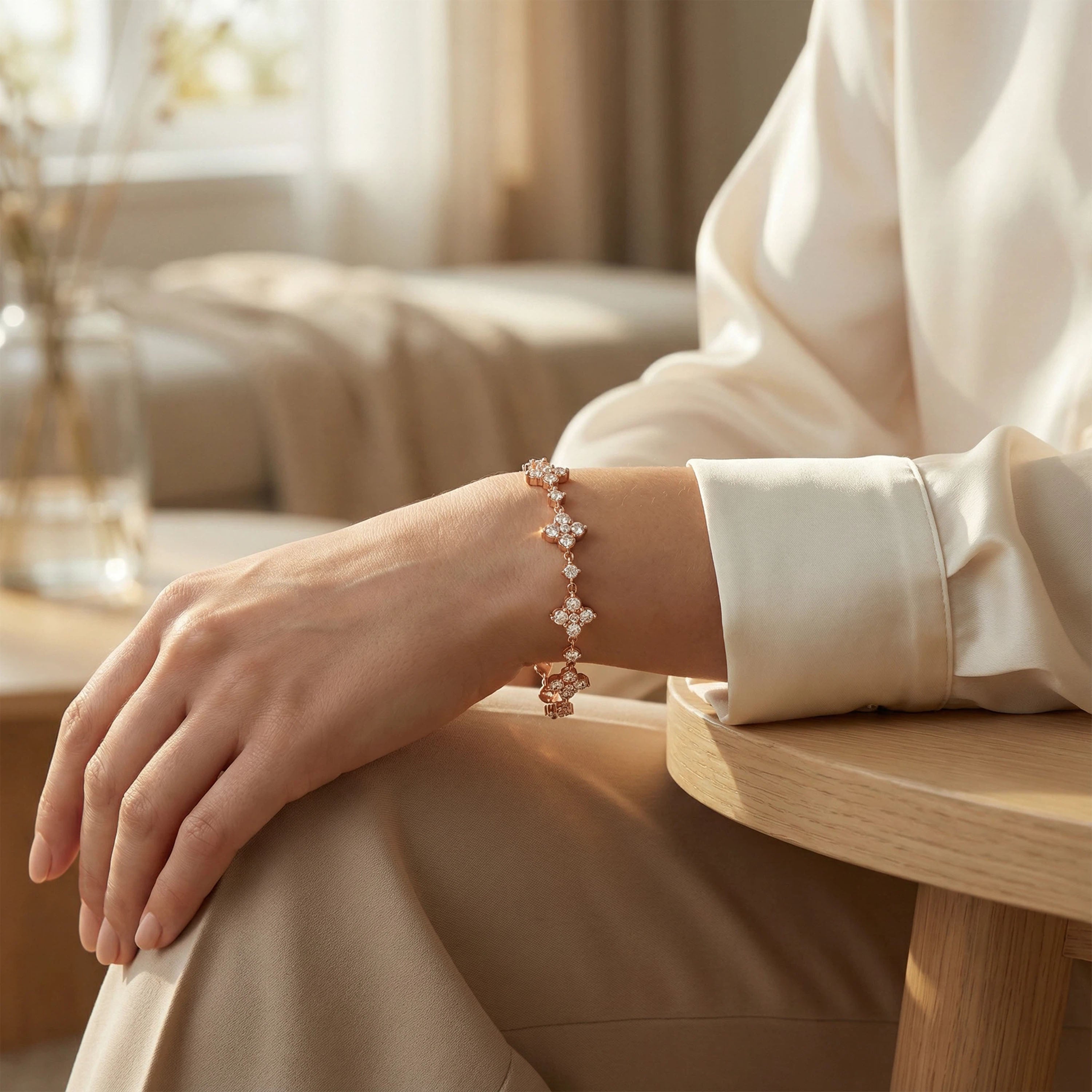 Ophelia Eternity Women's Rose Gold Four Leaf Clover Bracelet | 2ct/3ct Lab Diamond | Adjustable Lucky Jewelry for Anniversary, Mother's Day Gift