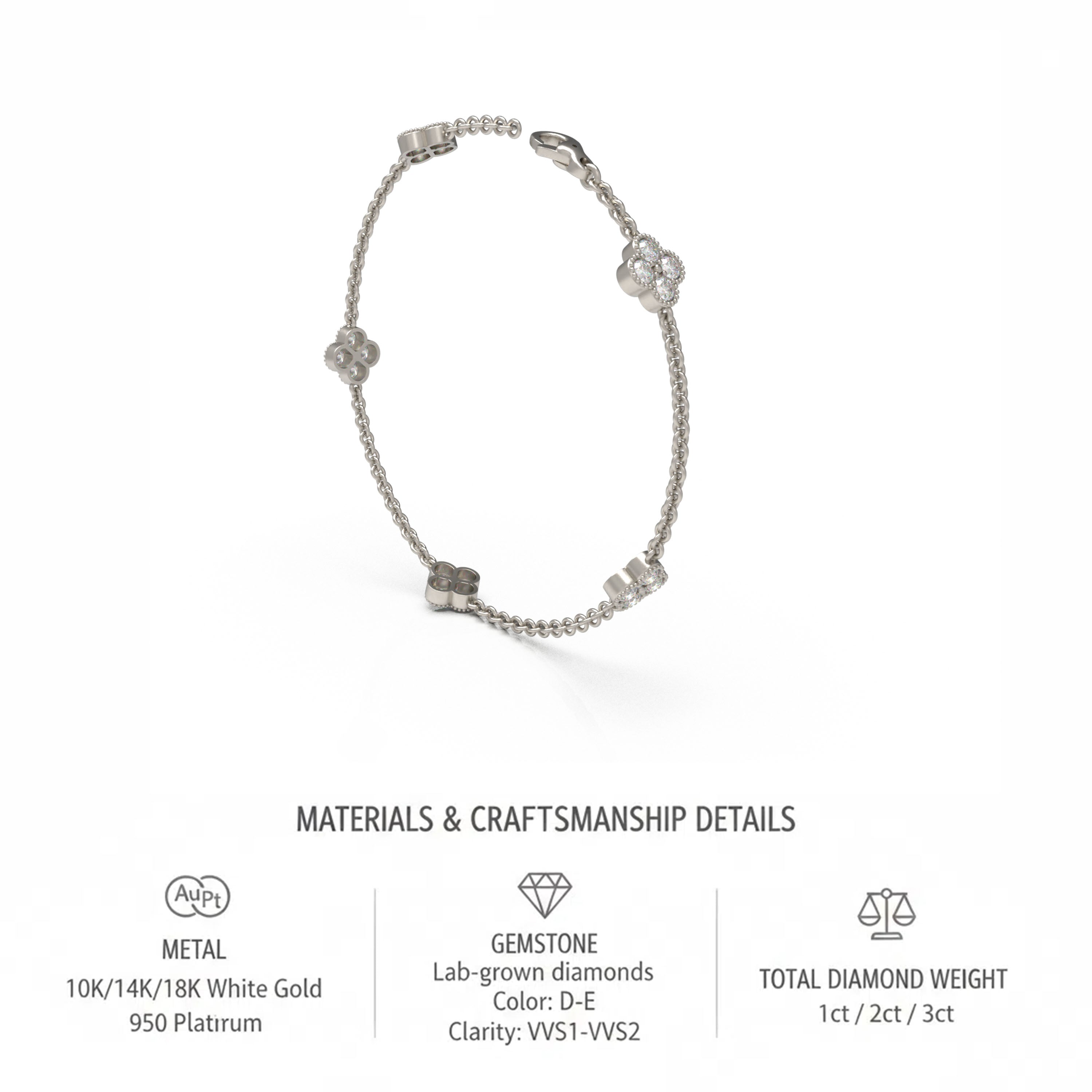 Handmade Four - Leaf Clover Bracelet with Lab - Grown Diamonds (VVS1 - VVS2 Clarity) in Platinum