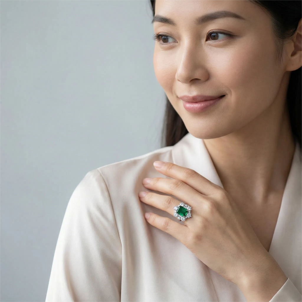 2CT Emerald-Cut Lab-Grown Diamond Halo Engagement Ring in White Gold or Platinum