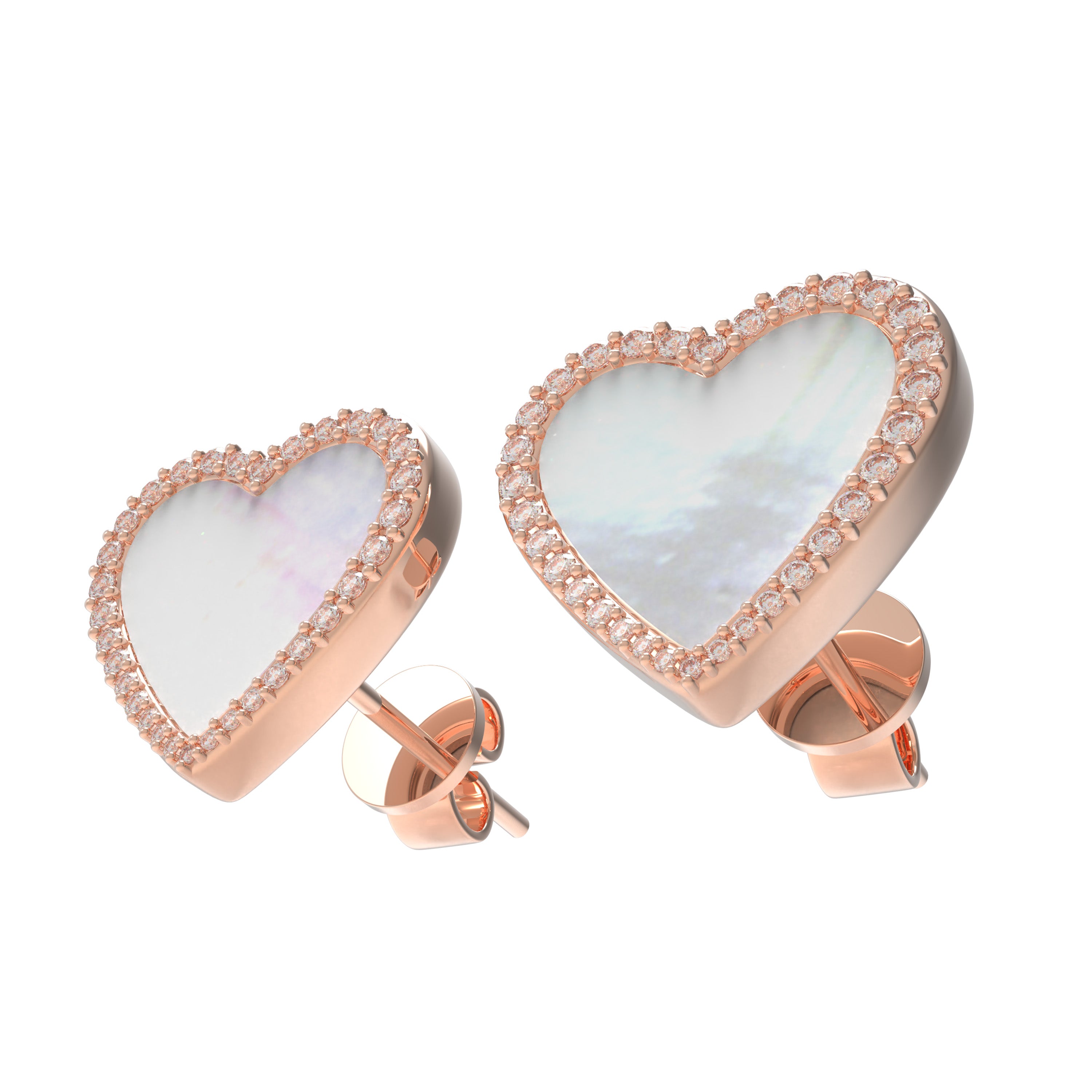 Heart Stud Earrings, 10K/14K Rose Gold, 0.4ct Lab Grown Diamond Halo & Mother of Pearl, Daily Wear Earrings for Women