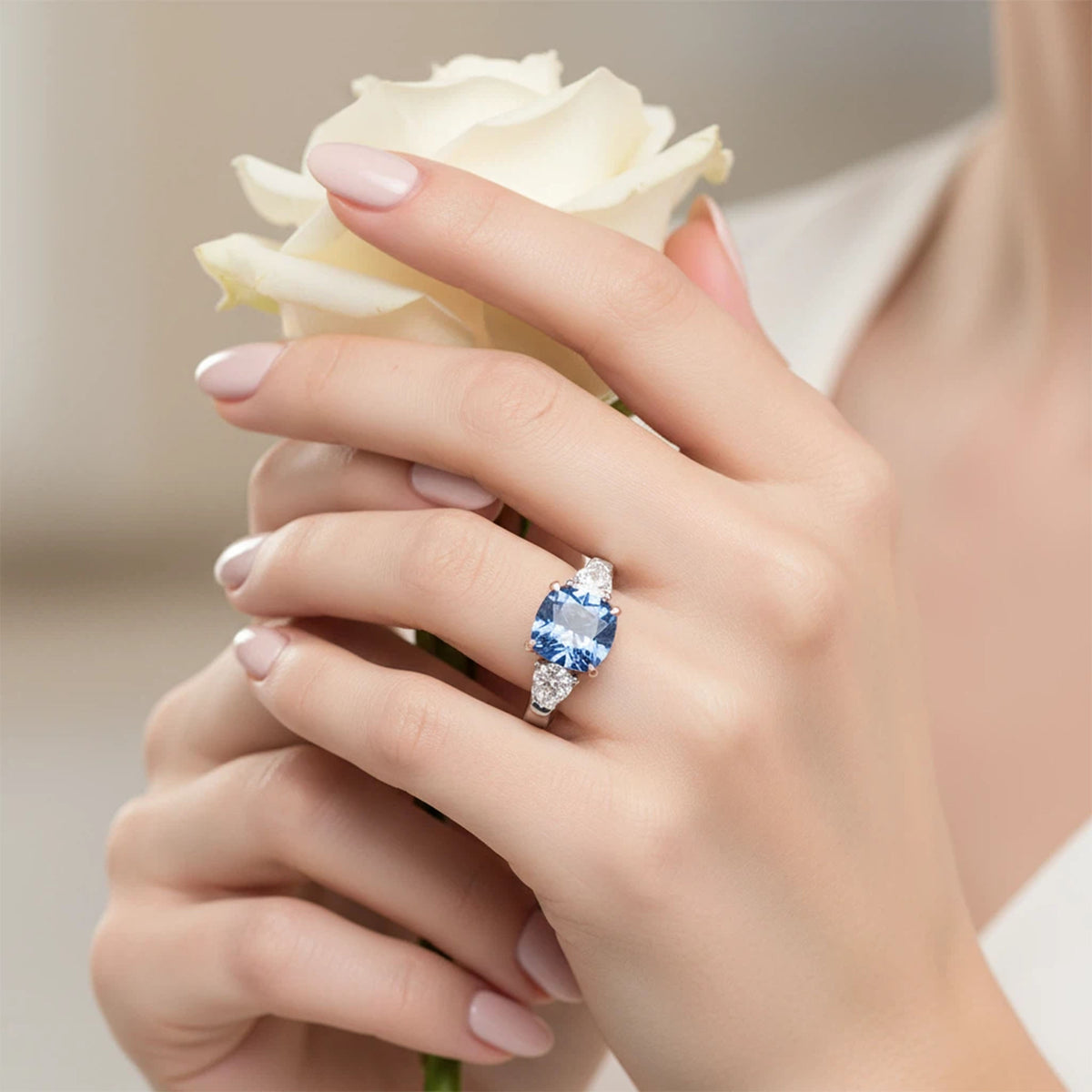 Handmade Lab-Grown Sapphire Three-Stone Engagement Ring – 2.8CT/4CT