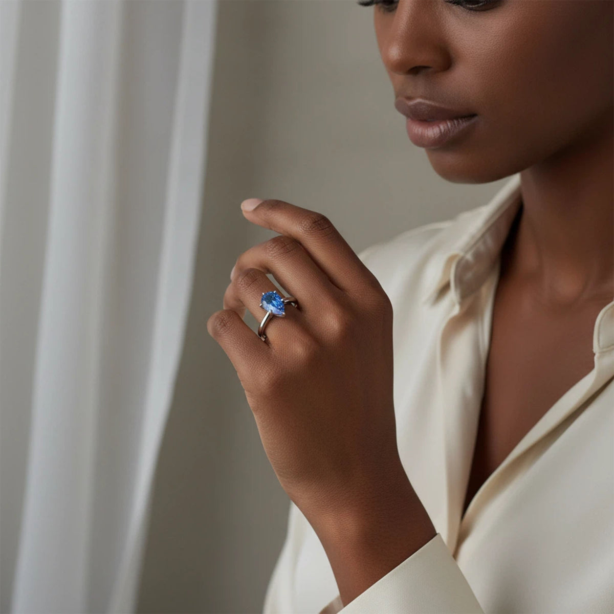 Azure Dewdrop 2CT Pear-Cut Lab-Grown Sapphire Solitaire Ring