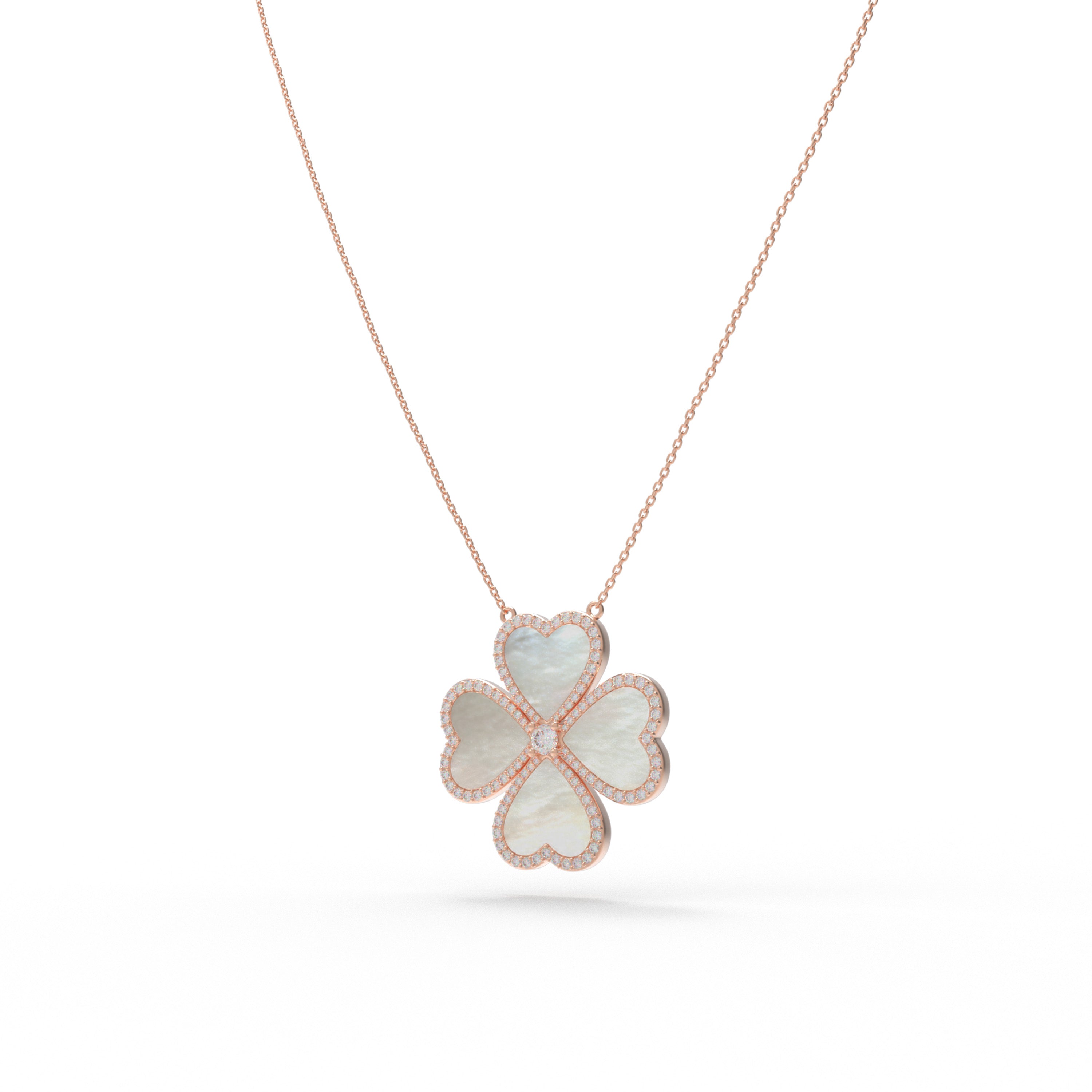 10K/14K Rose Gold Heart Pendant Necklace, 0.5CT Lab Grown Diamond & Natural Mother of Pearl Handmade Fine Jewelry