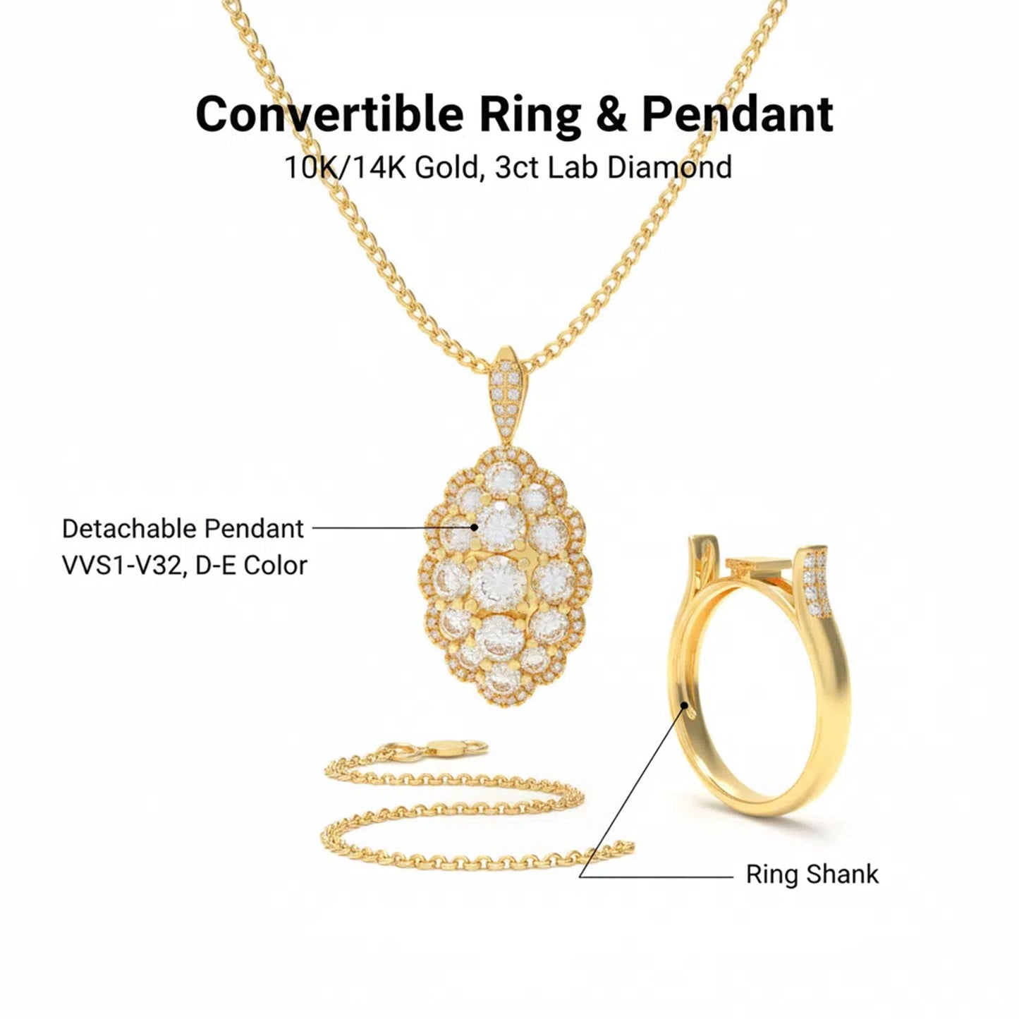 3CT Lab-Grown Diamond 2-in-1 Convertible Ring & Pendant Necklace in 10K/14K Yellow Gold