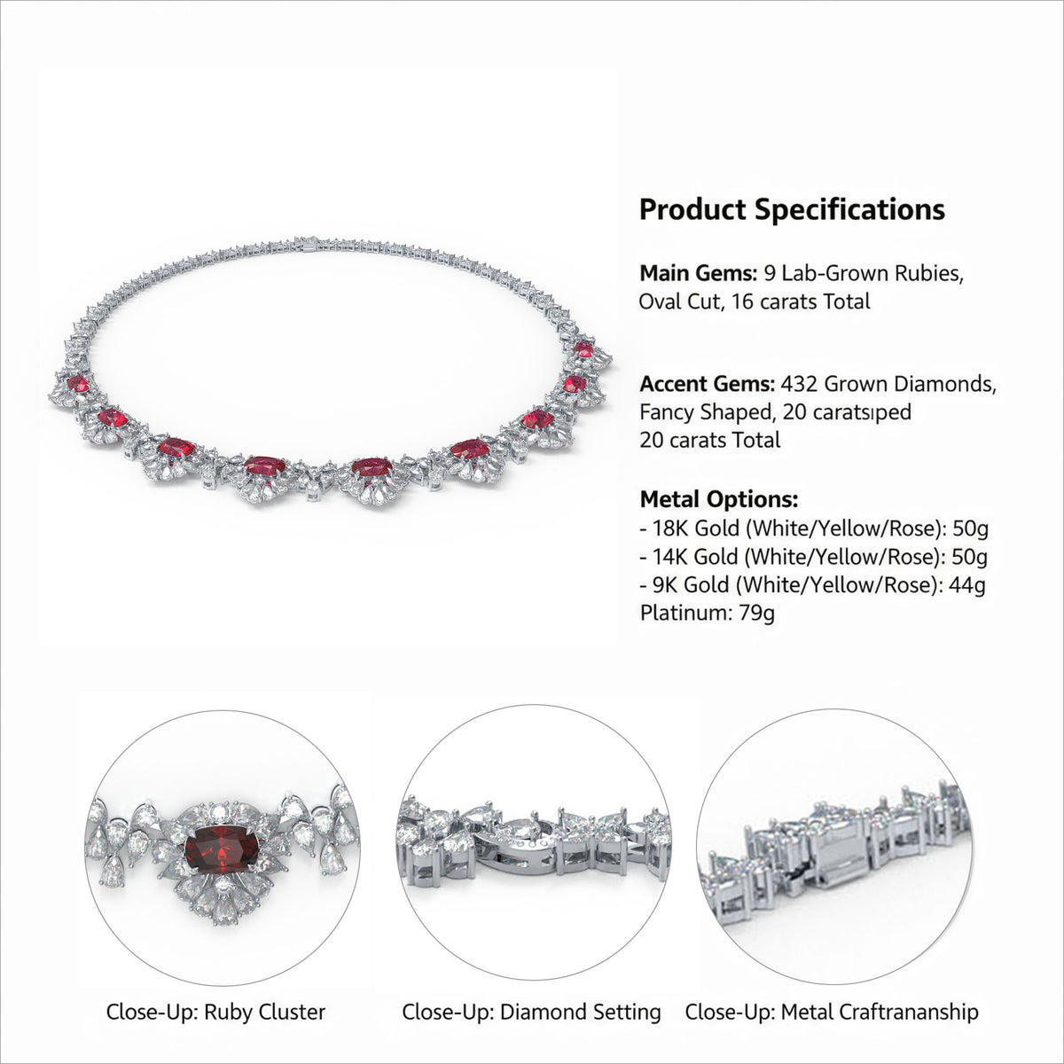 36CTW Lab-Grown Ruby & Fancy Diamond High Jewelry Necklace – 9K/14K/18K Gold or Platinum