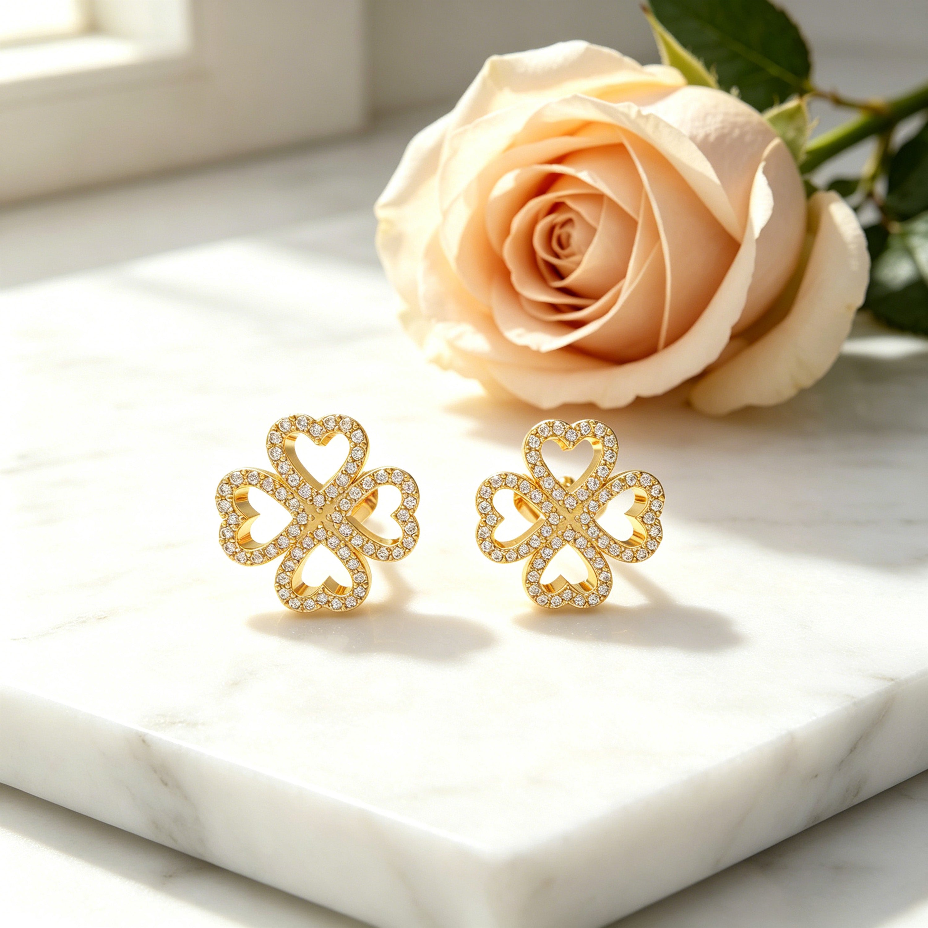 0.45ct Lab Grown Diamond Four-Leaf Clover Stud Earrings, 10K/14K Yellow Gold Lucky Heart Jewelry Gift