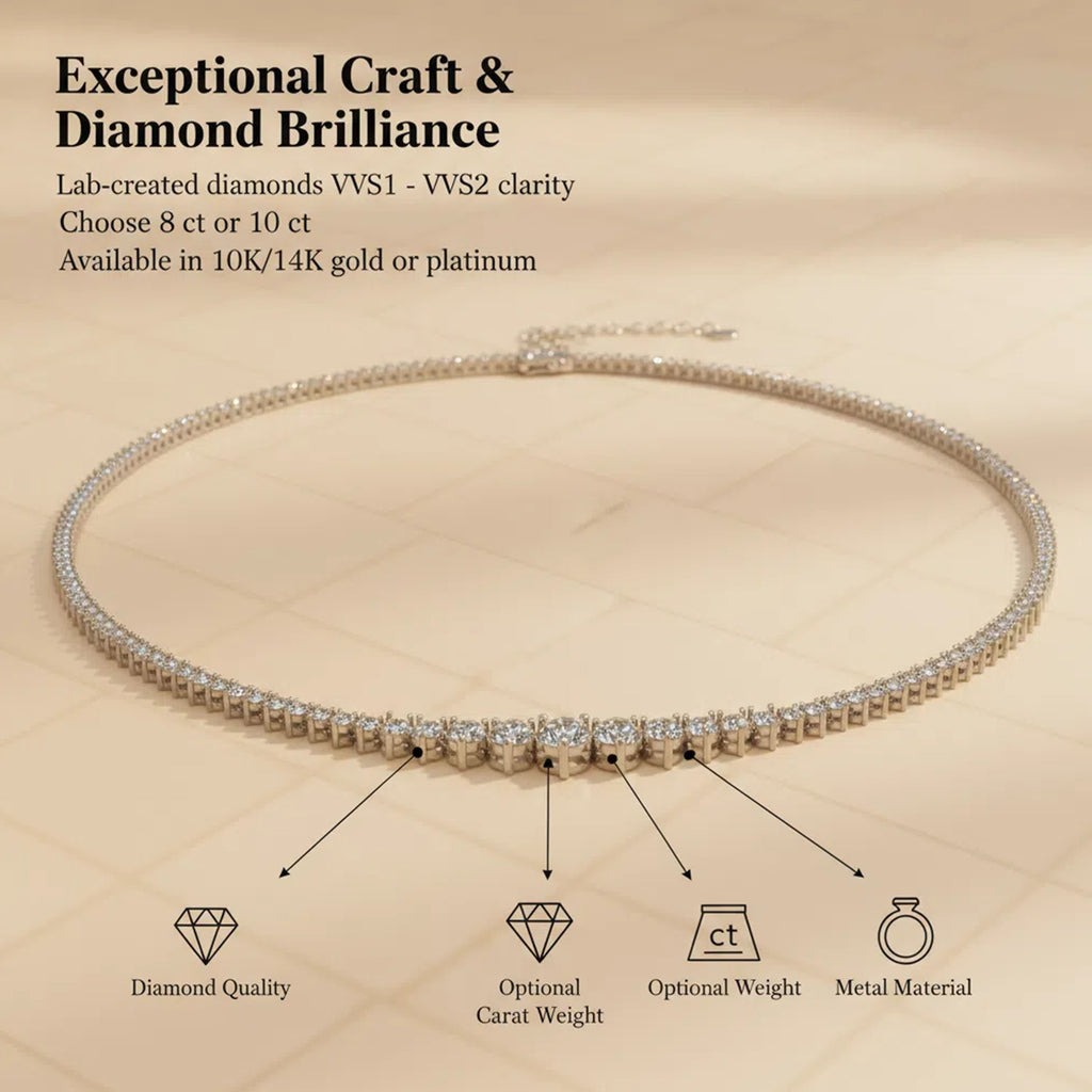 8CT/10CT Graduated Lab-Grown Diamond Tennis Necklace in White Gold or Platinum – 16 Inch