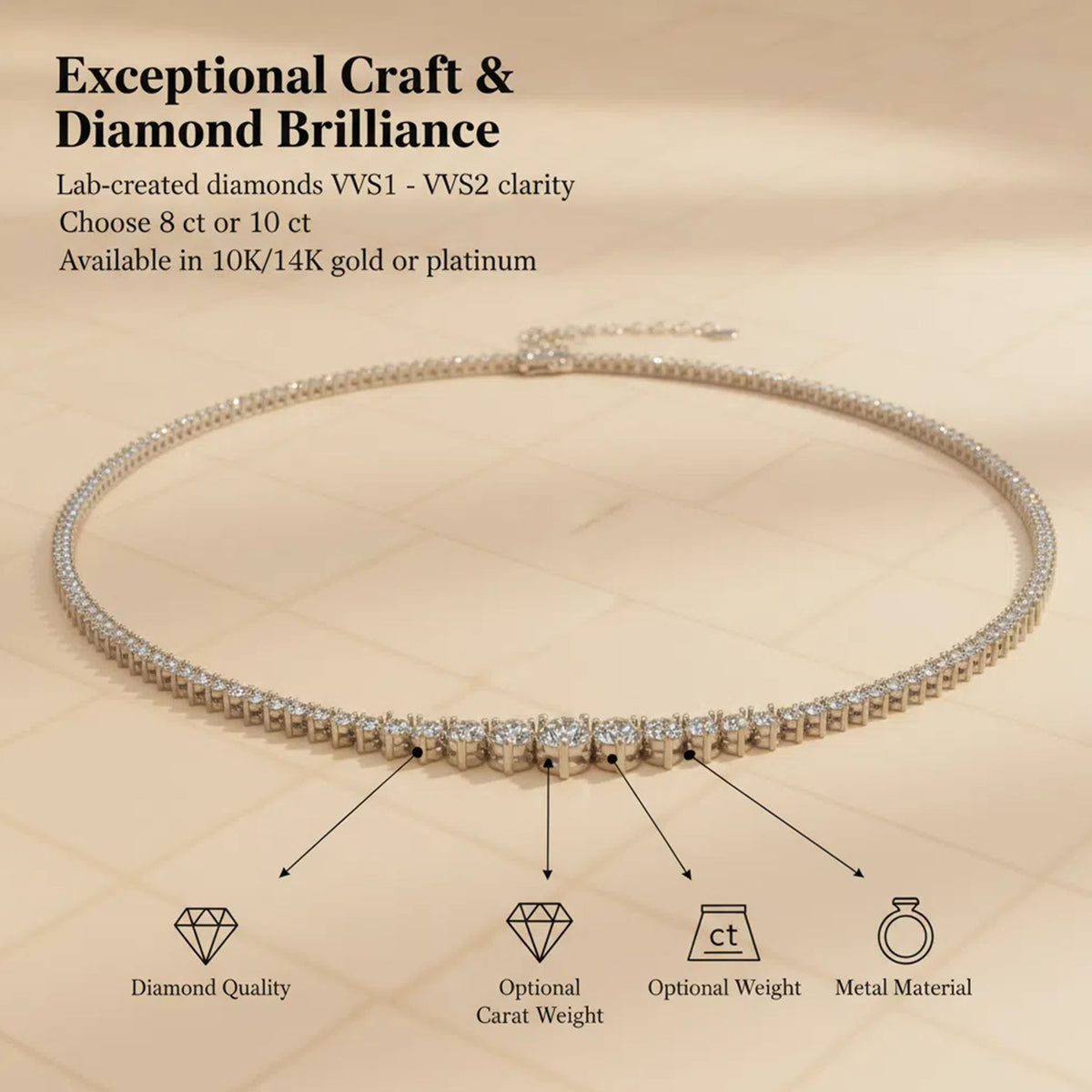 8CT/10CT Graduated Lab-Grown Diamond Tennis Necklace in White Gold or Platinum – 16 Inch