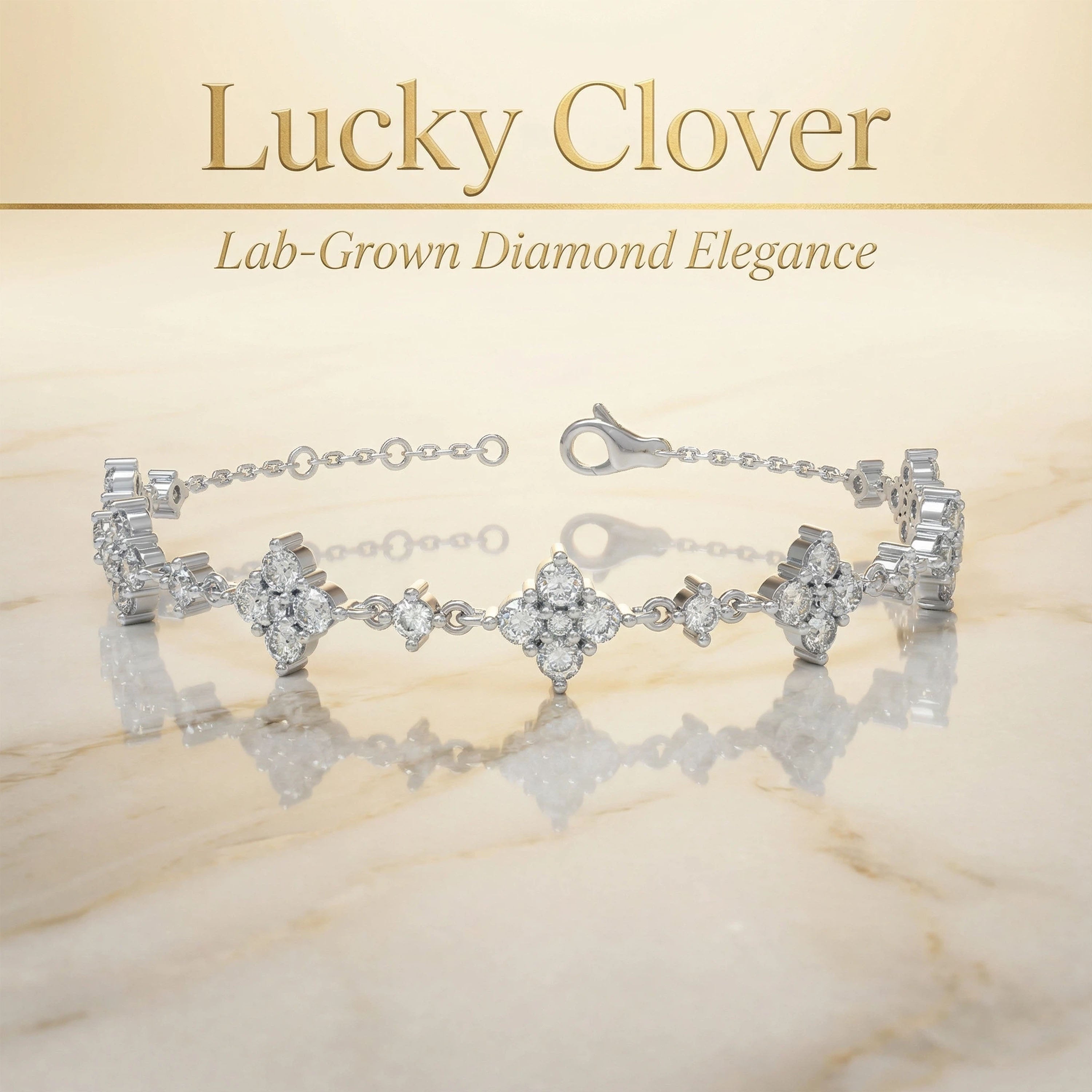 Ophelia Eternity Women's White Gold or 950 Platinum Four Leaf Clover Bracelet | 2ct/3ct Lab Diamond | Adjustable Lucky Jewelry for Anniversary, Mother's Day Gift