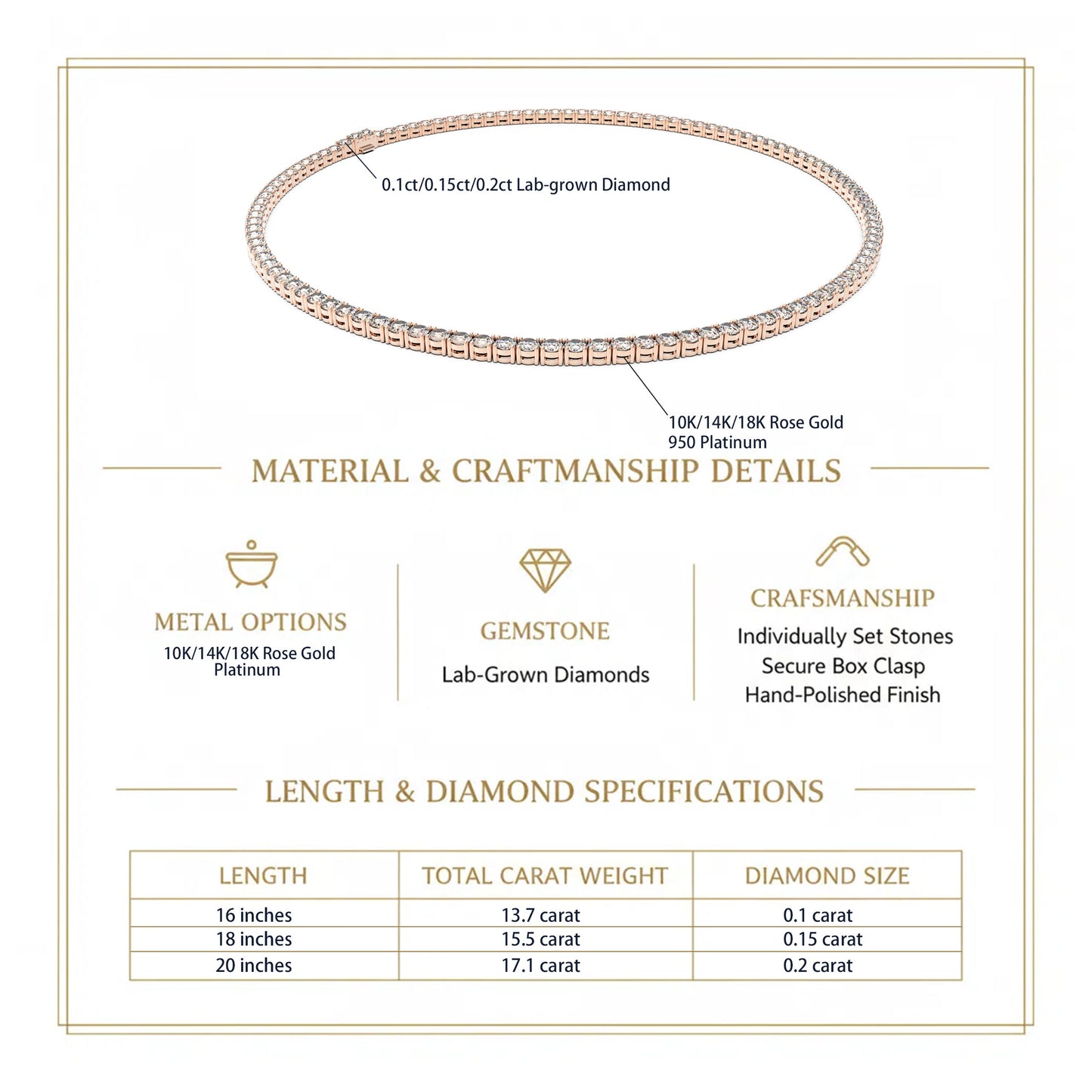 Classic Lab-Grown Diamond Tennis Necklace - Customize in 18K Gold | Total diamond carat weight: 13.7-24ct