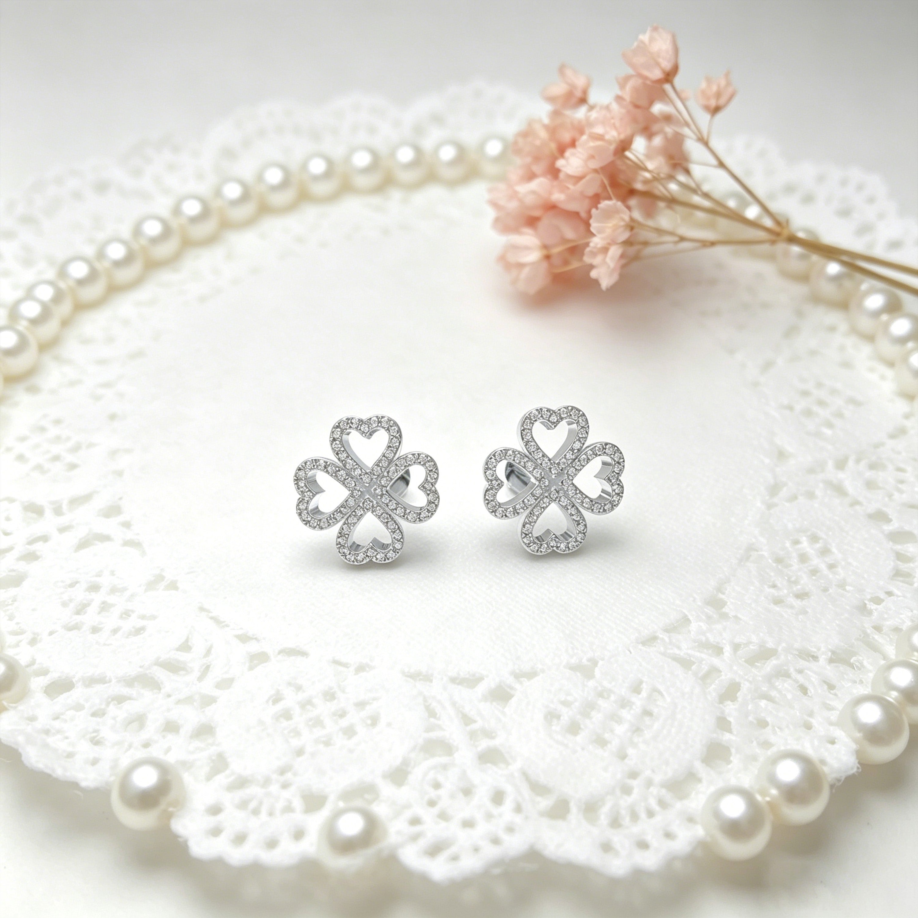 10K/14K White Gold or Platinum 950 Clover Stud Earrings, 0.45ct Lab Grown Diamond Heart Earrings, Lucky Four-Leaf Clover Jewelry