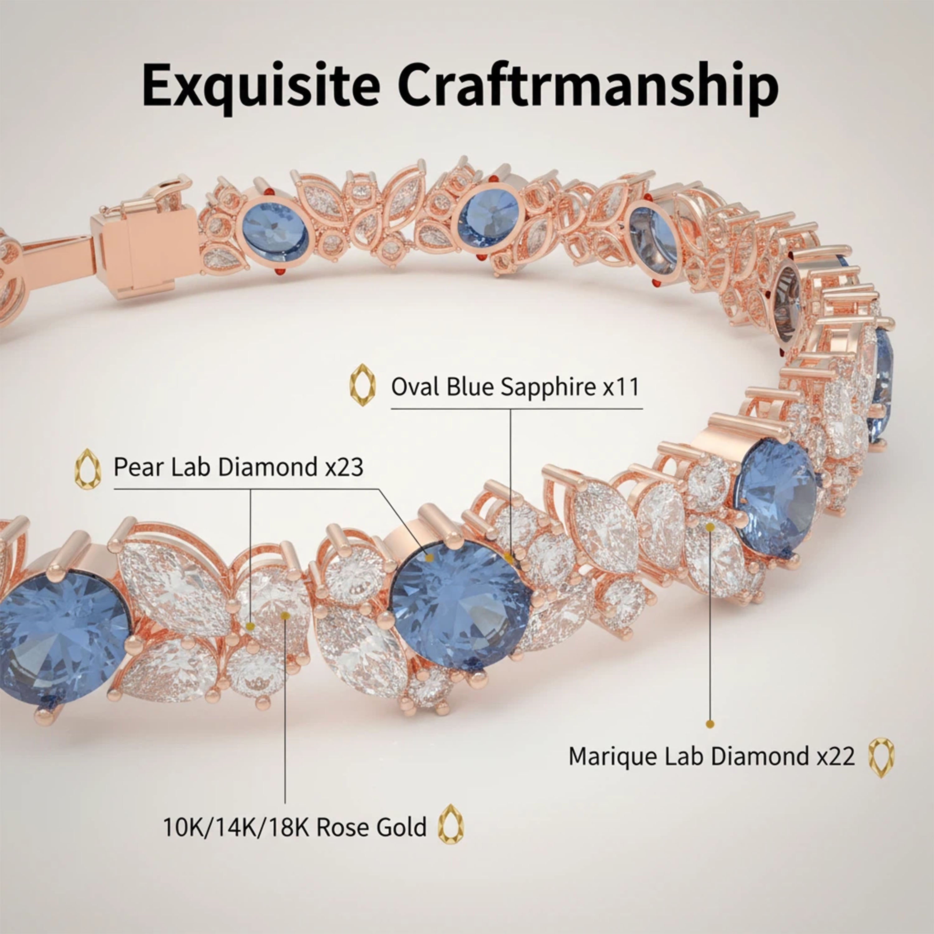 Handmade Gorgeous Lab - Grown Sapphire & Diamond Bracelet with Rose Gold, Total Weight 10CT/12CT/15CT