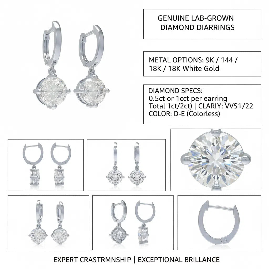 Handmade Dangle Earrings with Lab - Grown Diamonds (0.5CT/1CT per Stone, 2 Stones), 9K/14K/18K White Gold/Yellow Gold/Rose Gold & Platinum Optional