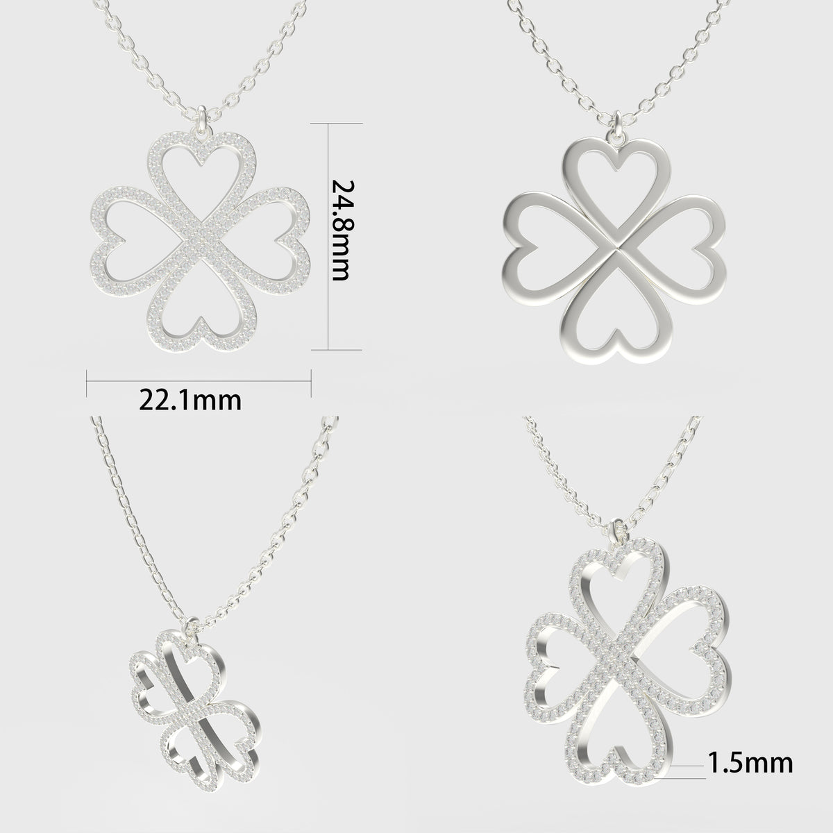 925 Sterling Silver 0.50 CTW Moissanite Heart Clover Pendant Necklace