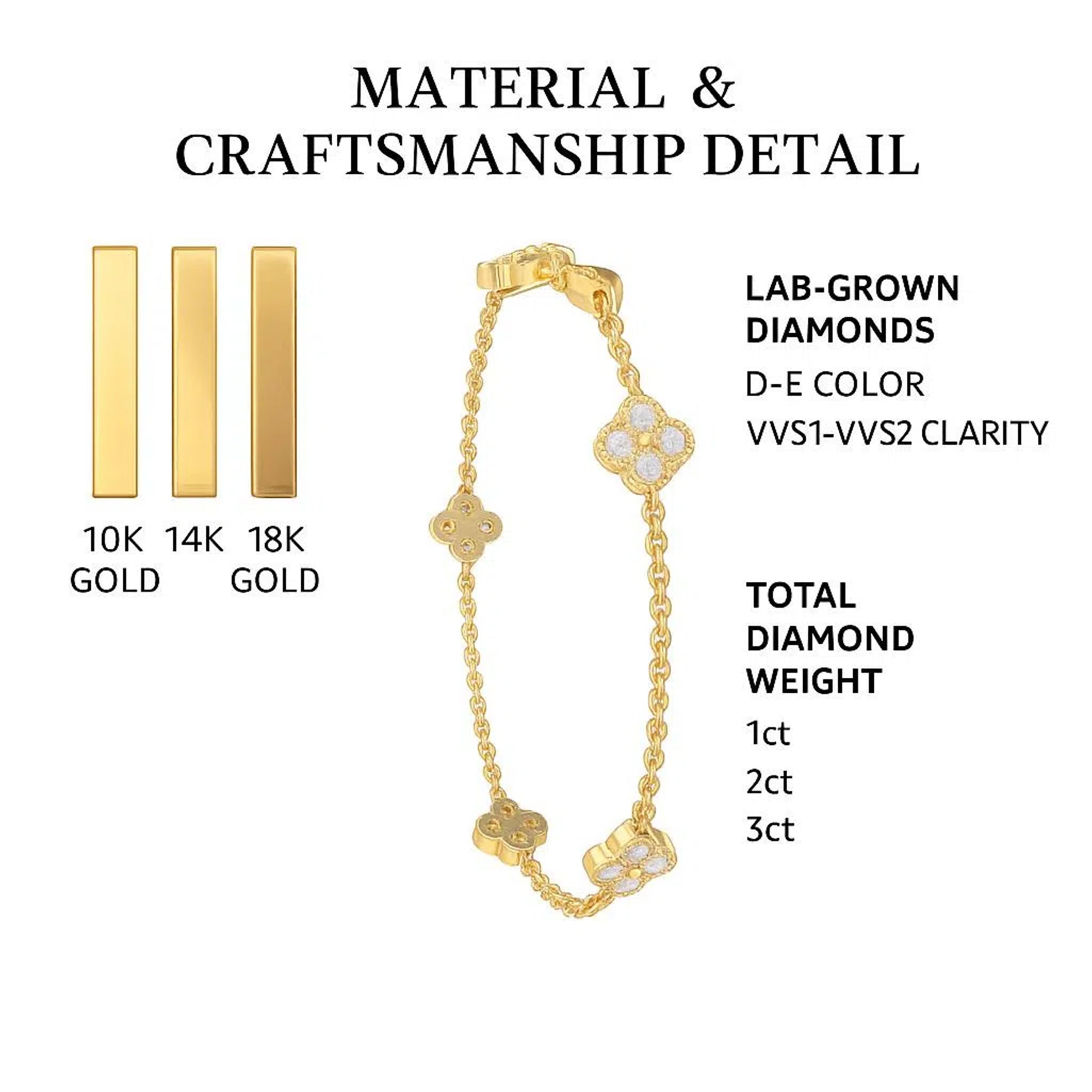 Handmade Four - Leaf Clover Bracelet with Lab - Grown Diamonds (VVS1 - VVS2 Clarity) in 9K/14K/18K Yellow Gold