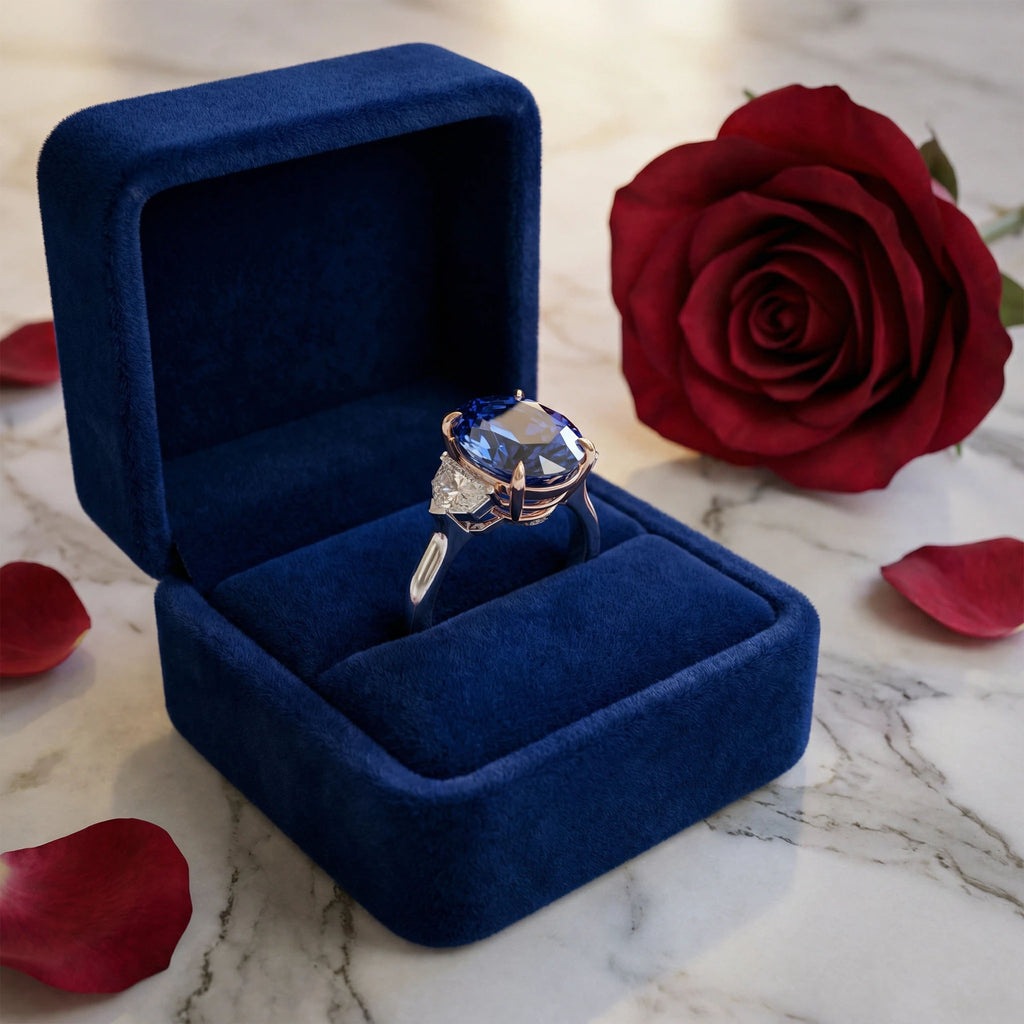 Oval Lab-Grown Blue Diamond Three-Stone Engagement Ring in White Gold