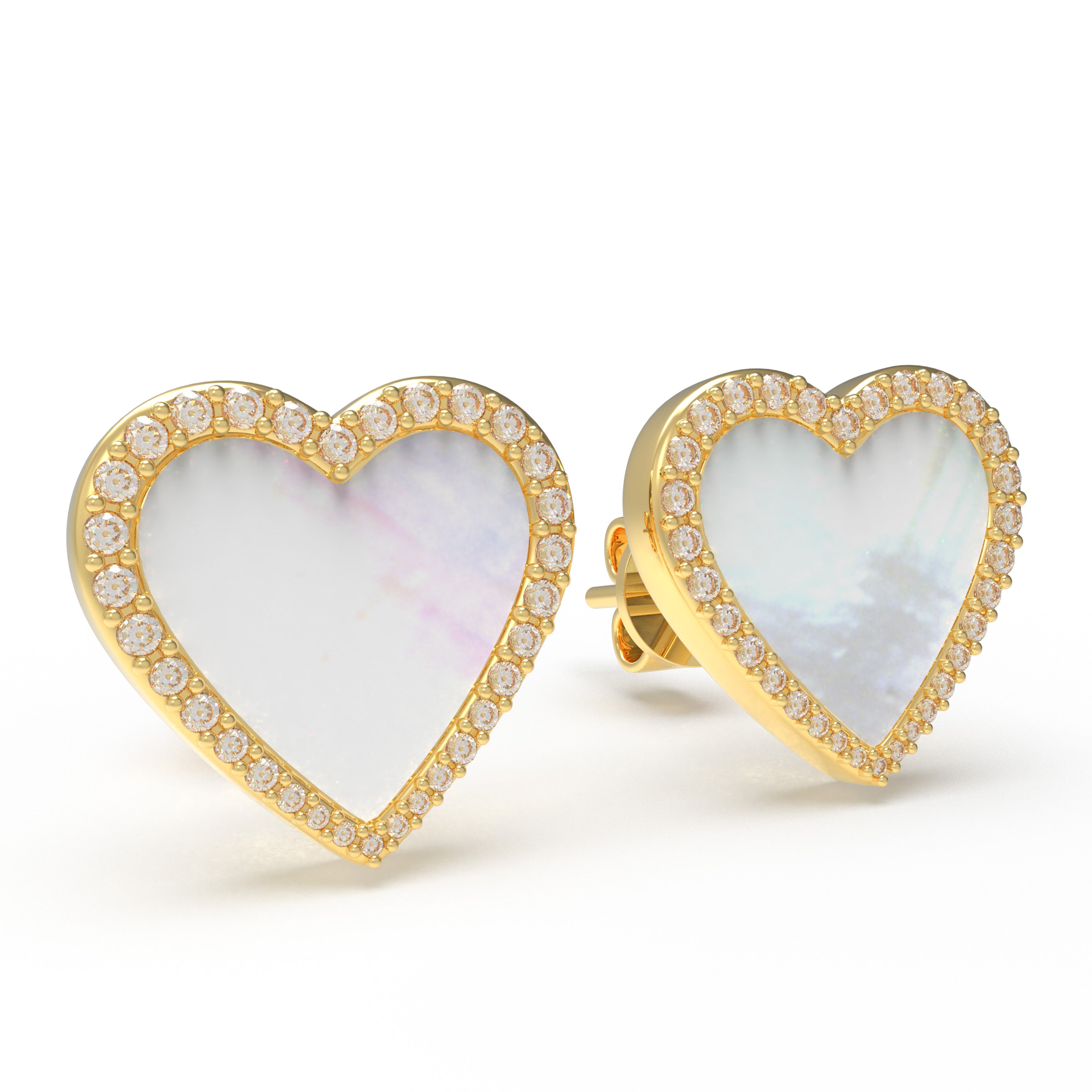 10K/14K Yellow Gold Heart Stud Earrings, 0.4ct Lab Grown Diamond & Mother of Pearl, Daily Jewelry for Women