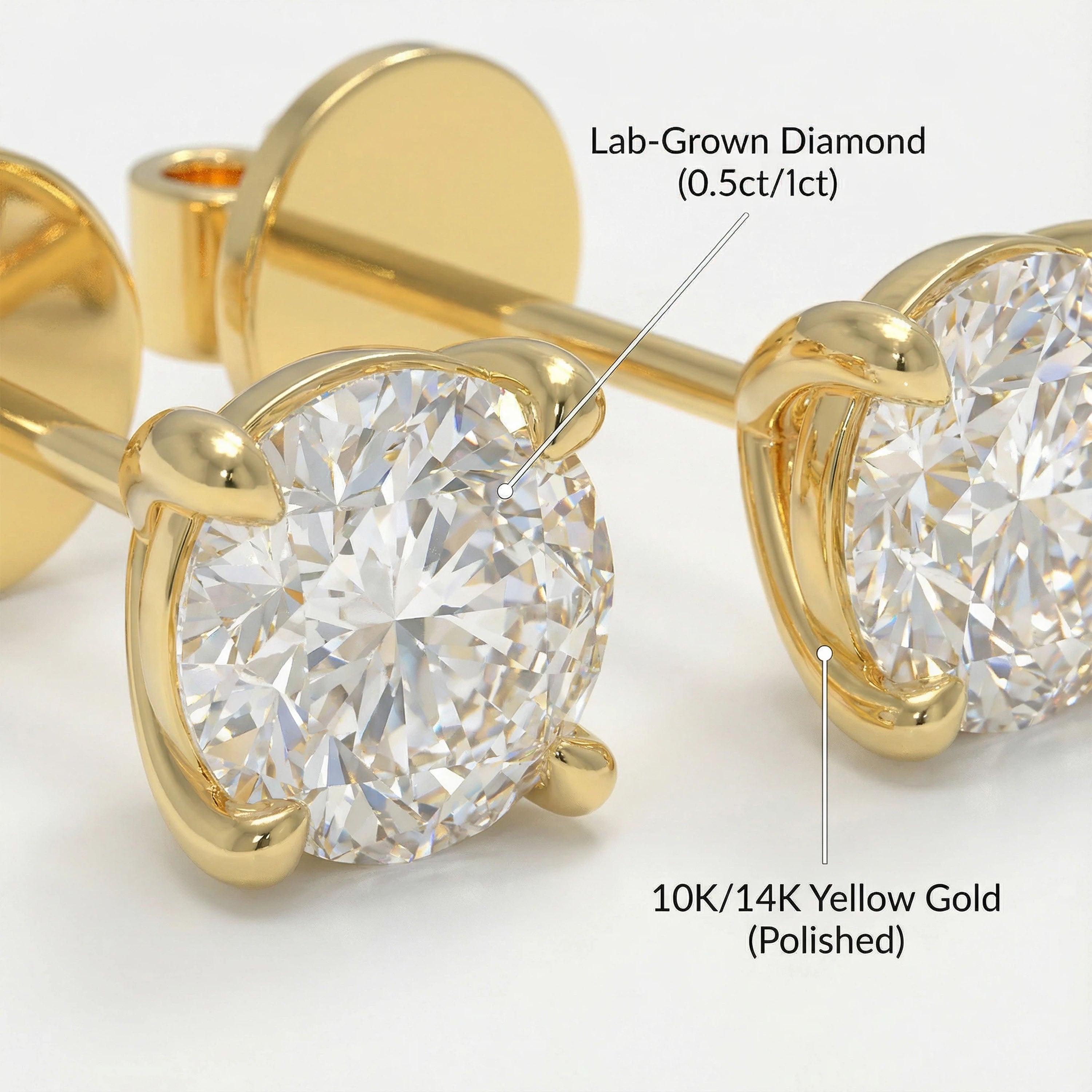 Lab-Grown Diamond Stud Earrings for Women, 0.5ct/1ct D-E VVS1-VVS2, 10K/14K Yellow Gold, Gift for Her