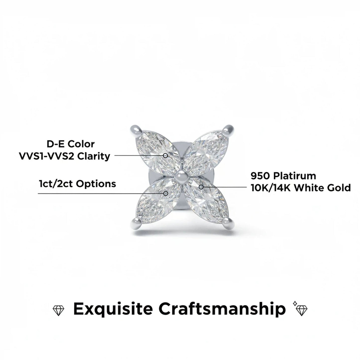 Classic Marquise Lab-Grown Diamond Stud Earrings in Gold | 1ct or 2ct Total Weight