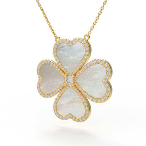 10K 14K Yellow Gold Heart Pendant Necklace, 0.5CT Lab Grown Diamond with 4 Natural Mother of Pearl Handmade Fine Jewelry 中文