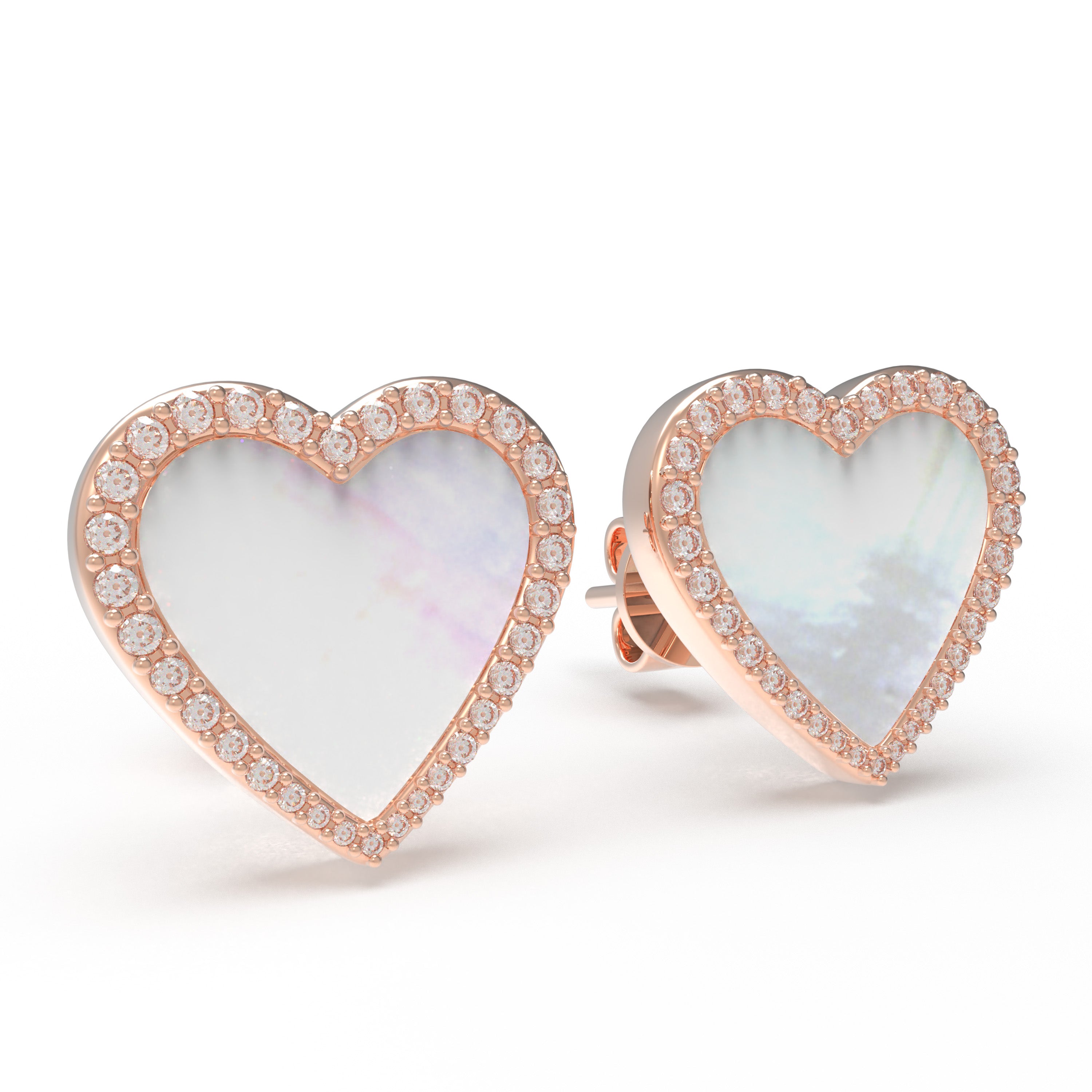 Heart Stud Earrings, 10K/14K Rose Gold, 0.4ct Lab Grown Diamond Halo & Mother of Pearl, Daily Wear Earrings for Women