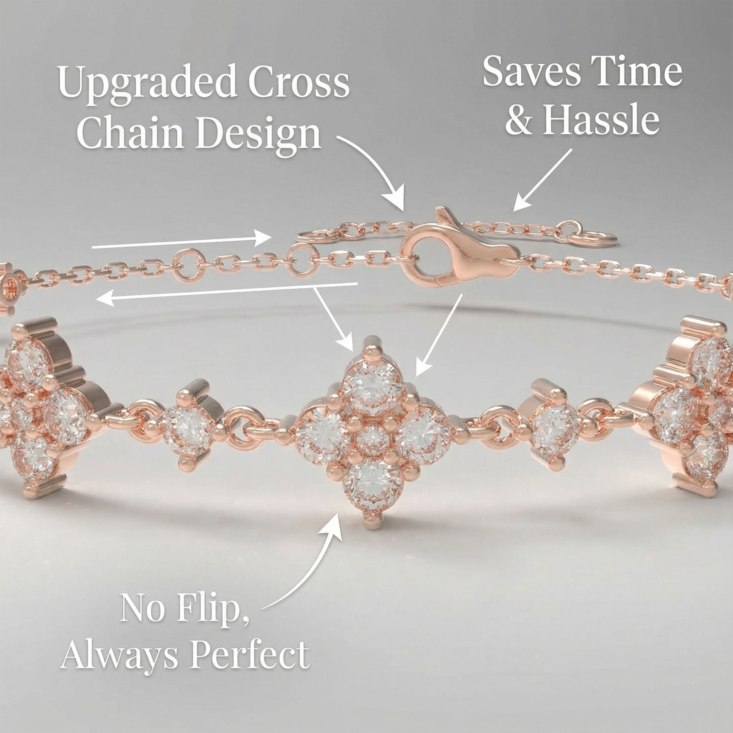 Ophelia Eternity Women's Rose Gold Four Leaf Clover Bracelet | 2ct/3ct Lab Diamond | Adjustable Lucky Jewelry for Anniversary, Mother's Day Gift