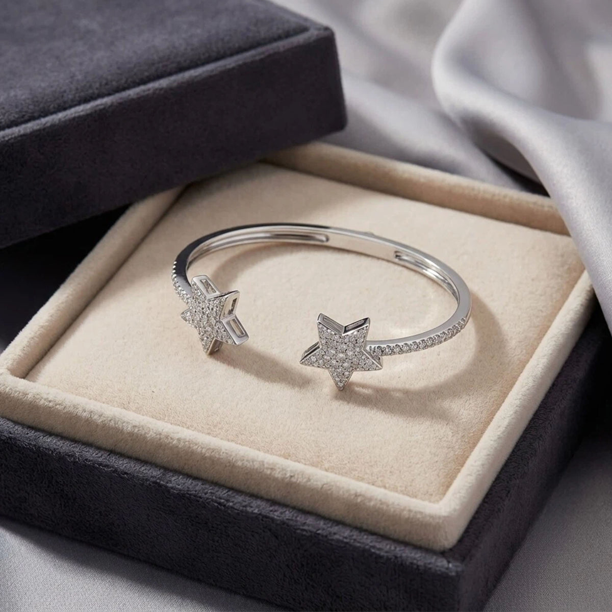 Twin Stars 1 CTW Moissanite Cuff Bangle in Sterling Silver