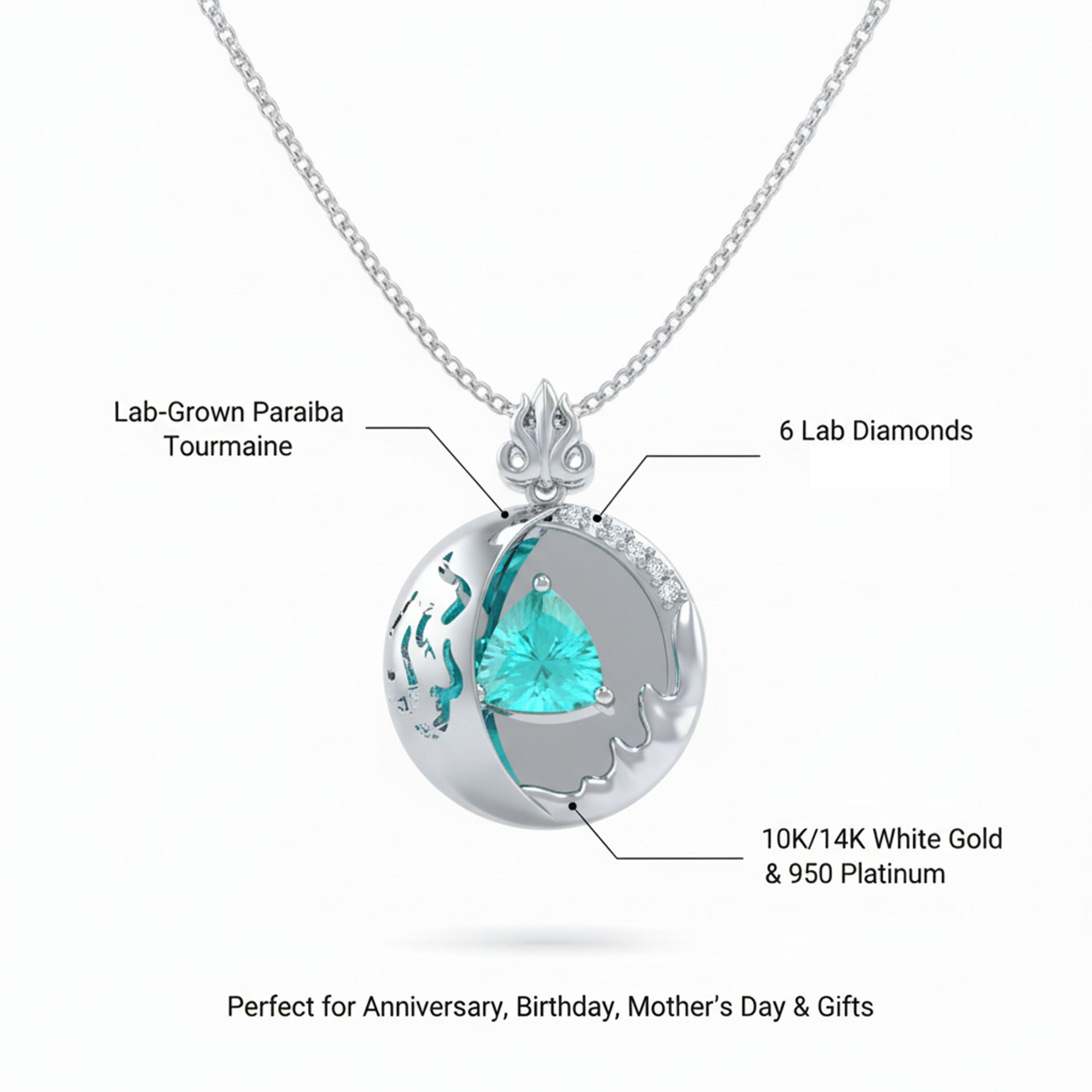 Lab-Grown 1CT Paraíba Pendant Necklace with 6 VVS1-VVS2 D-E Color Diamonds, 10K/14K White/Yellow/Rose Gold & Platinum, Perfect Gift for Anniversary/Valentine’s Day/Christmas