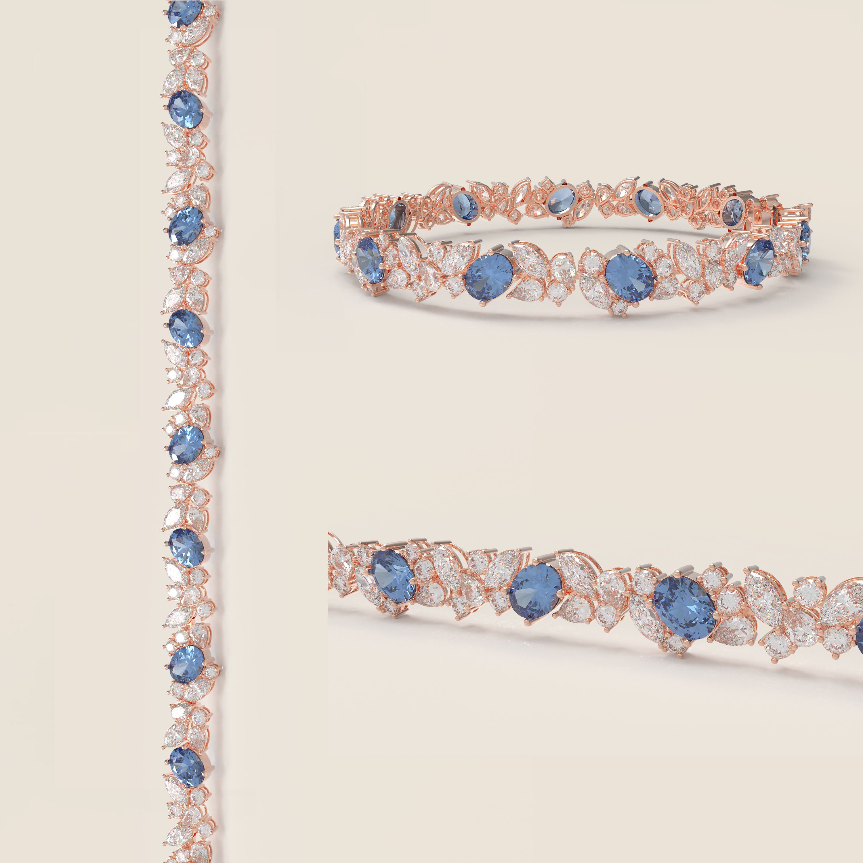 Handmade Gorgeous Lab - Grown Sapphire & Diamond Bracelet with Rose Gold, Total Weight 10CT/12CT/15CT