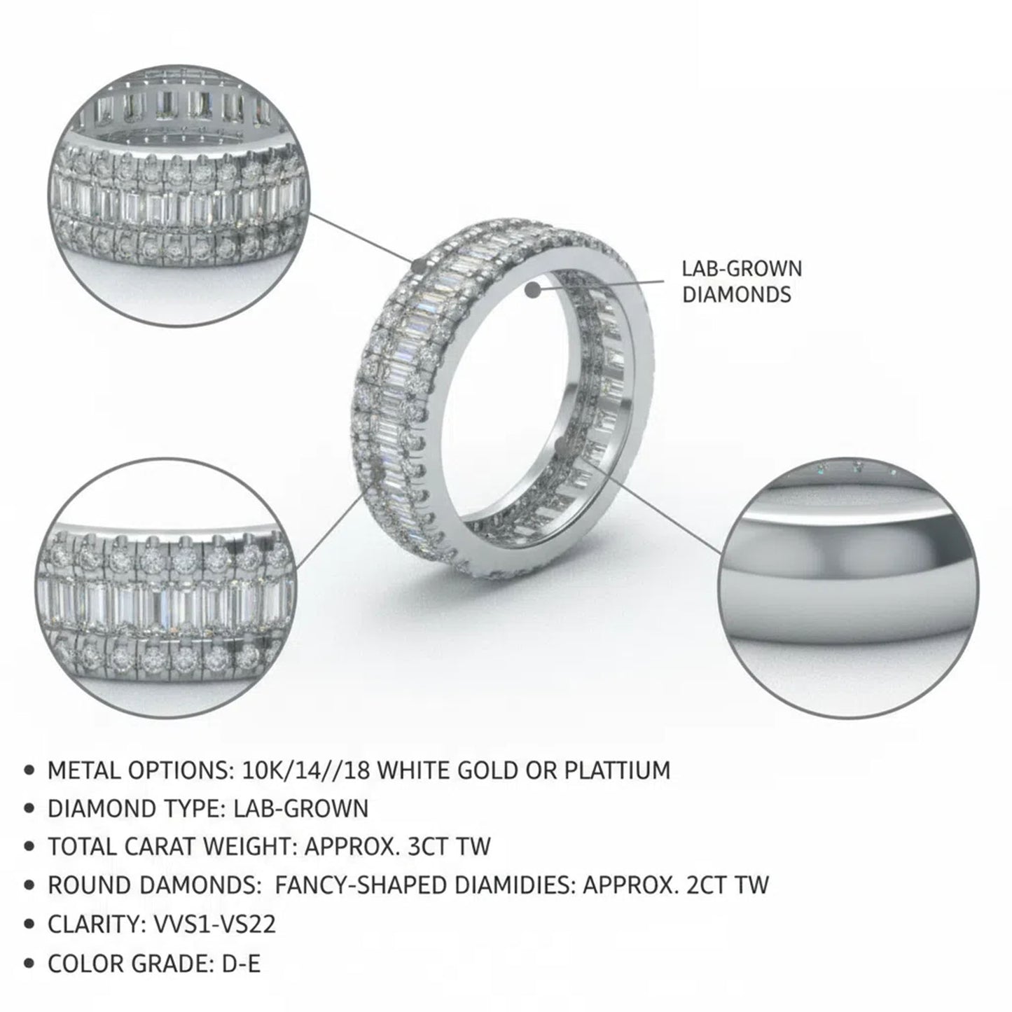 10K/14K/18K White Gold  Or Platinum 1CT Round & 2CT Eternity Ring with Fancy Cut Lab Grown Diamonds (D-E Color, VVS1-VVS2 Clarity) - Ideal for Wedding, Proposal, Anniversary
