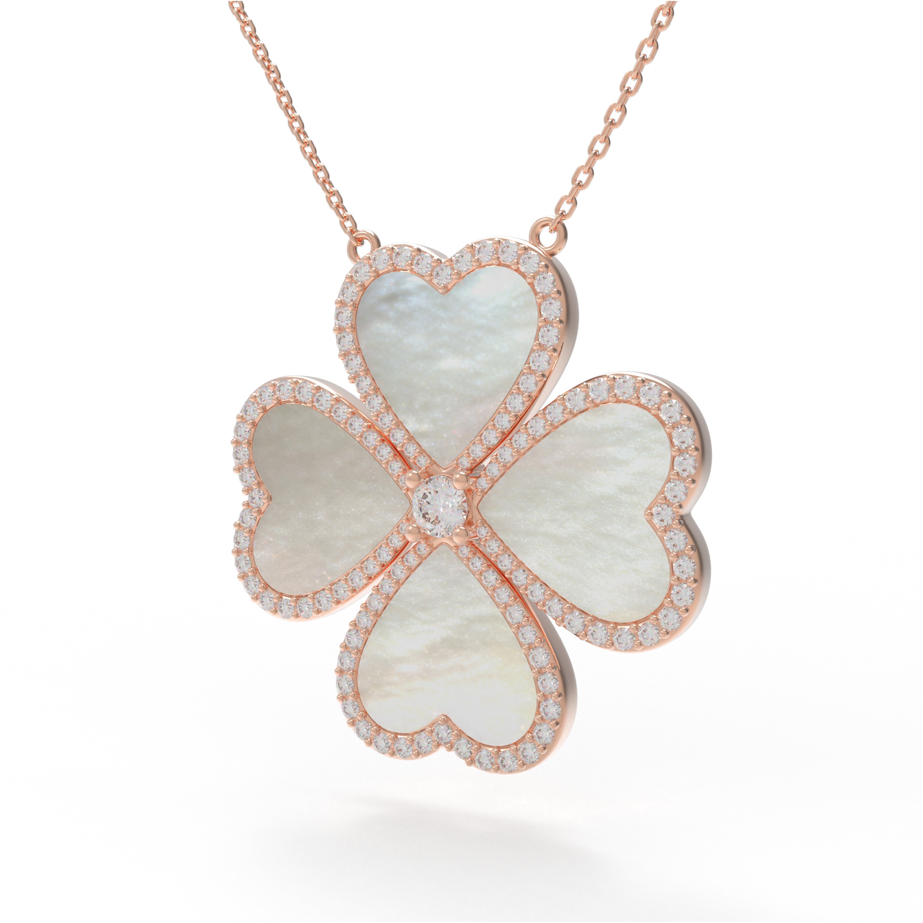 10K/14K Rose Gold Heart Pendant Necklace, 0.5CT Lab Grown Diamond & Natural Mother of Pearl Handmade Fine Jewelry