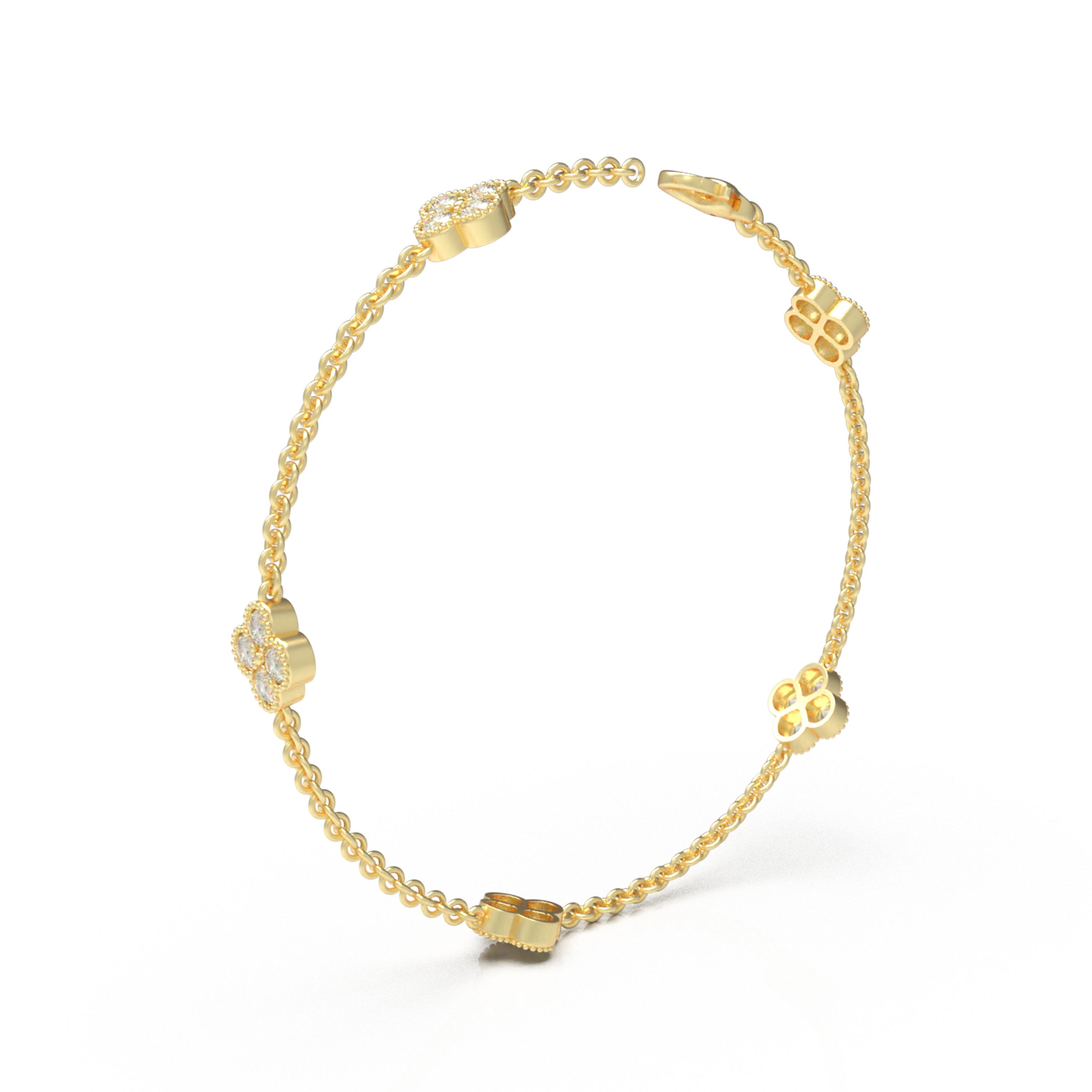 Handmade Four - Leaf Clover Bracelet with Lab - Grown Diamonds (VVS1 - VVS2 Clarity) in 9K/14K/18K Yellow Gold