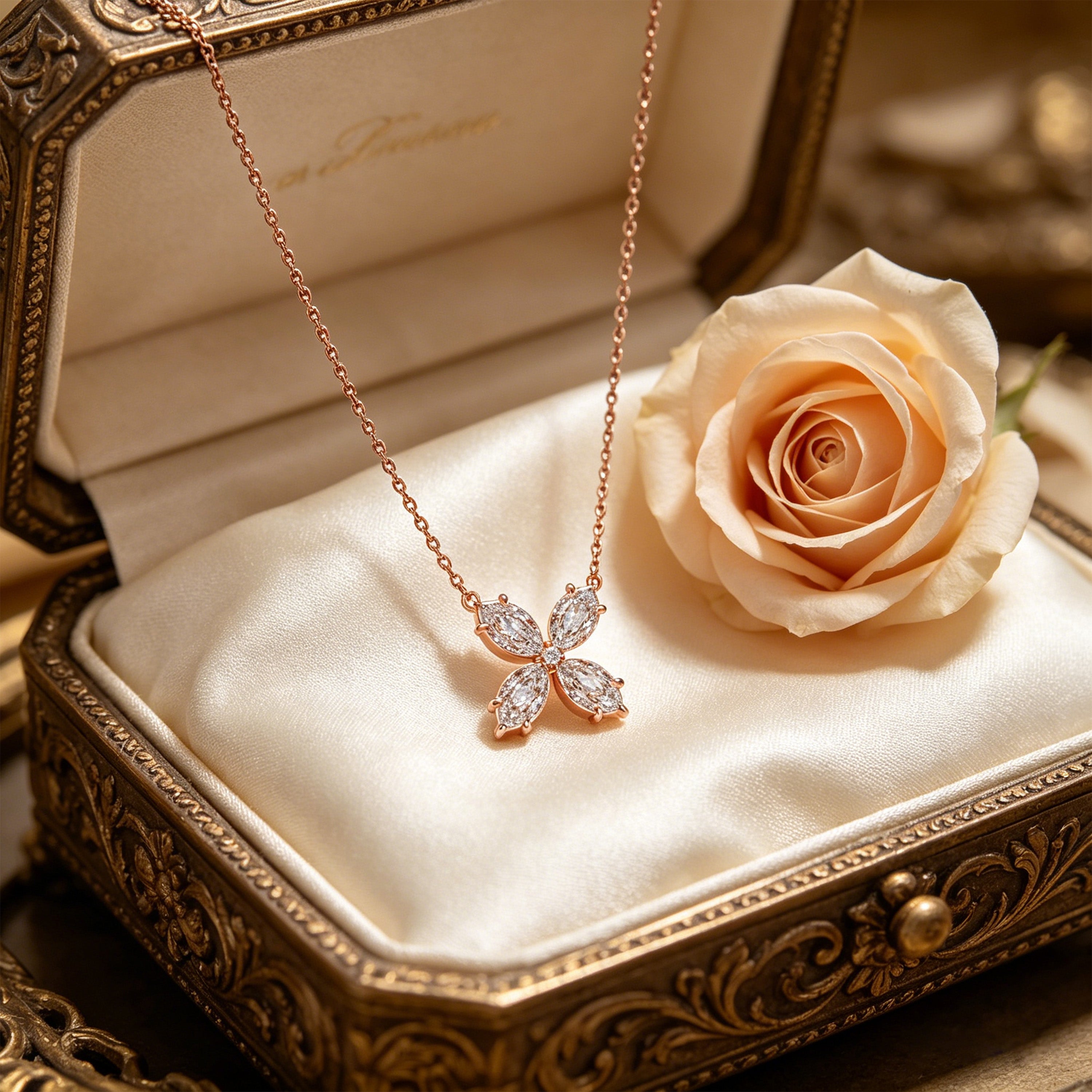 10K/14K Rose Gold Marquise Lab-Grown Diamond Clover Pendant Necklace, 1.35 CTW for Women